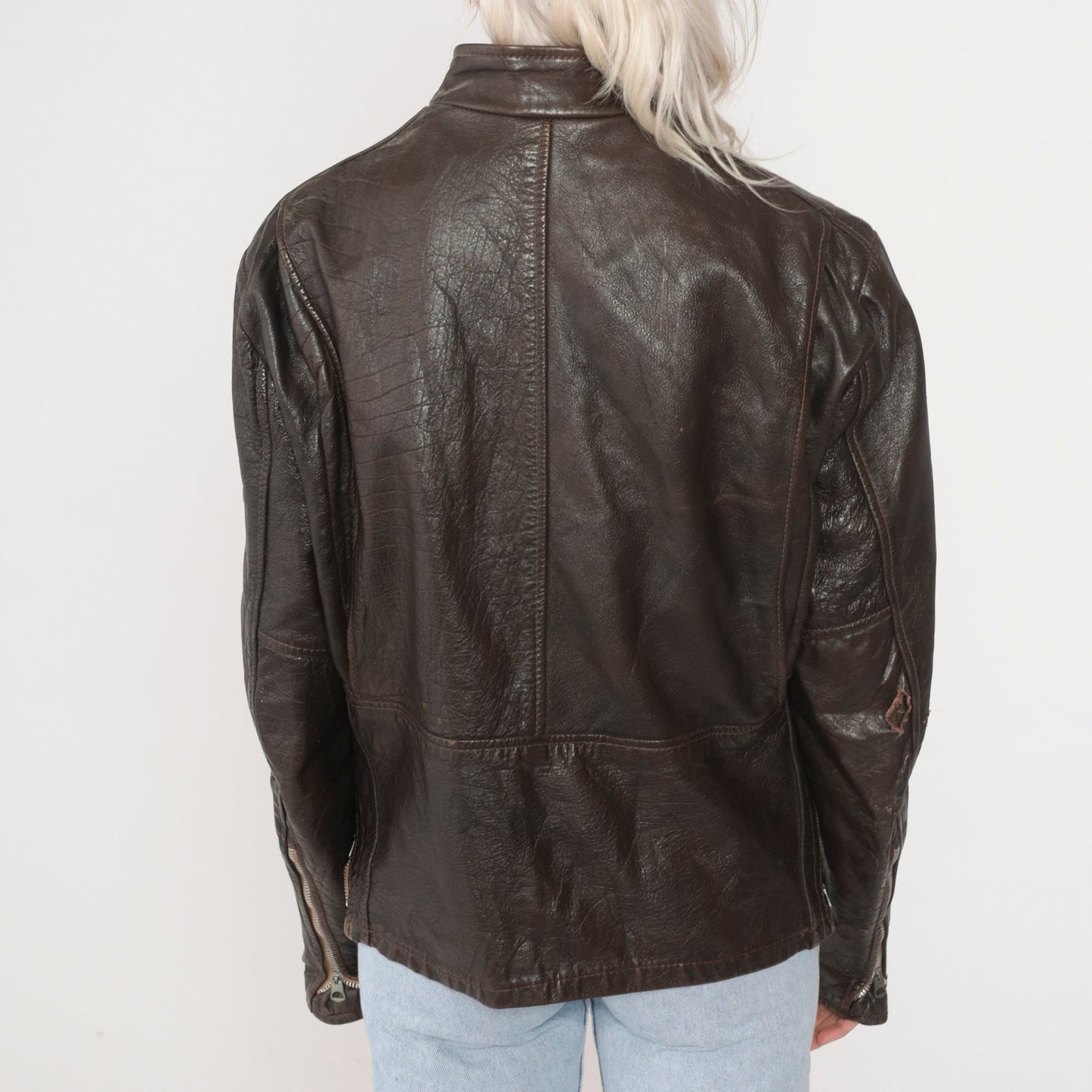 70s Dark Brown Leather Moto Jacket Zip Front Removable Lining Small S