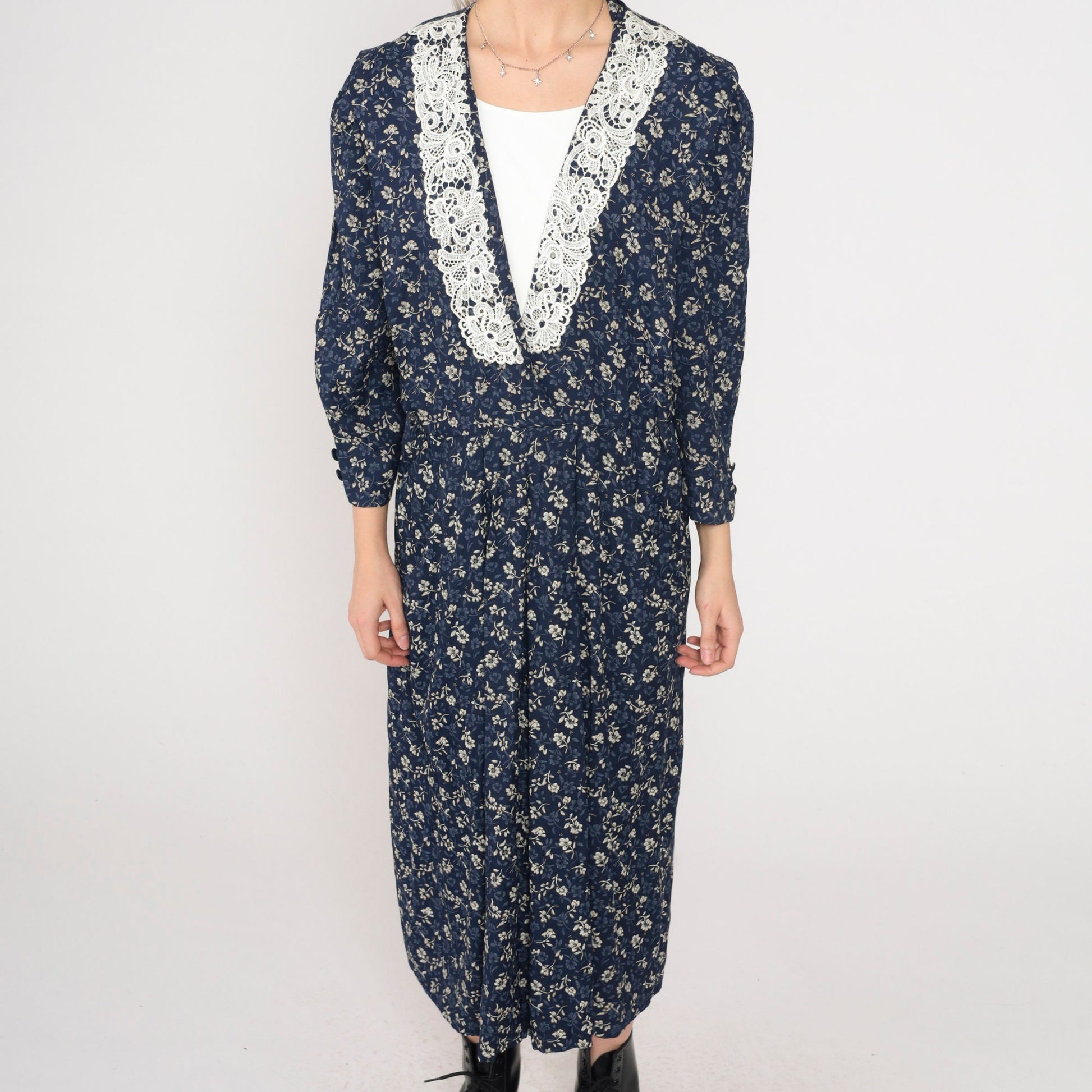 90s Navy Floral Midi Dress Puff Sleeve V-Neck Lace Medium