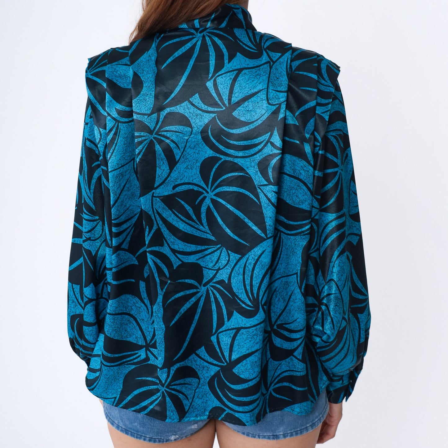 80s Leaf Print Blouse Black Blue Mock Neck Pleated Balloon Sleeve Large