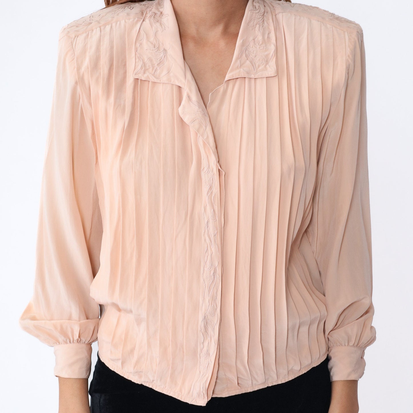 80s Paul Alexander Pink Silk Blouse Floral Embroidered Pleated Collared Small