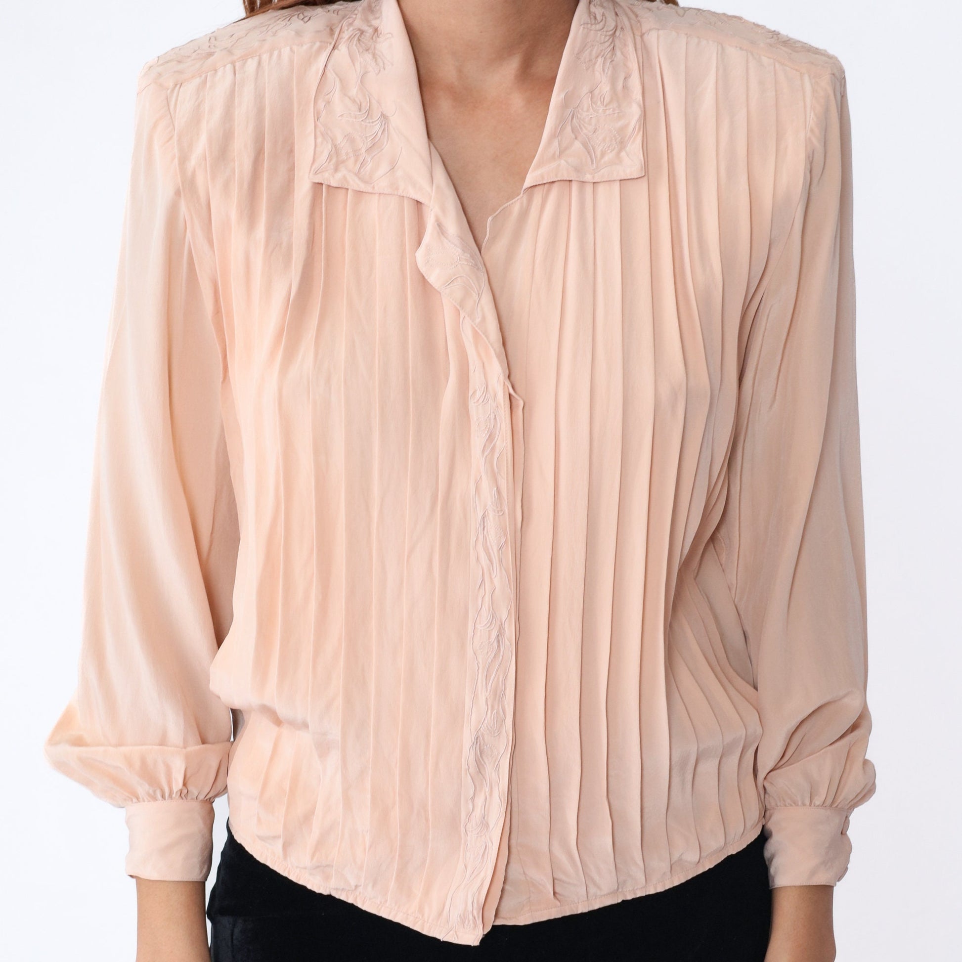 80s Paul Alexander Pink Silk Blouse Floral Embroidered Pleated Collared Small