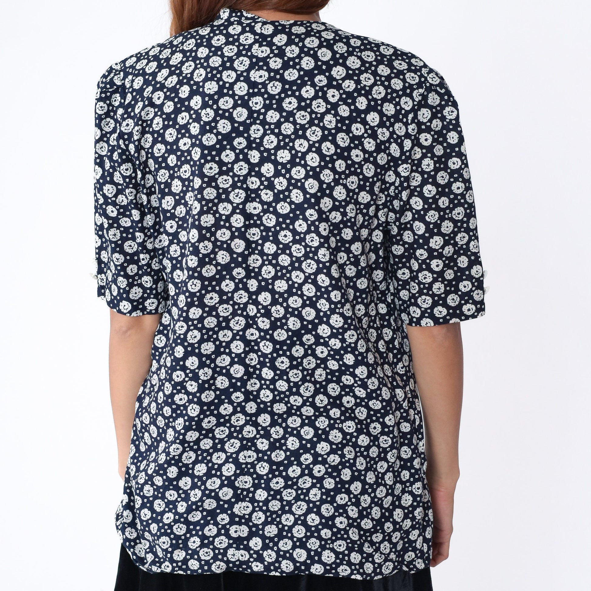 90s Navy Floral Wrap Blouse White Dot Print Puff Sleeve Button Up Medium