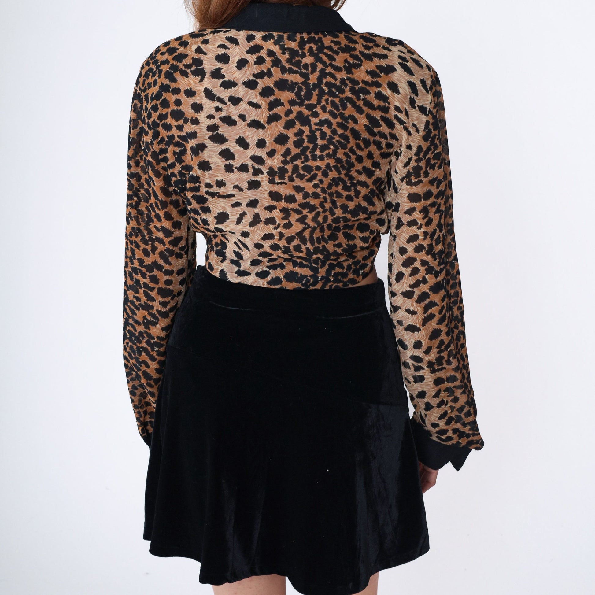 90s Cheetah Print Tie Front Crop Top Long Sleeve Collared Blouse Large L