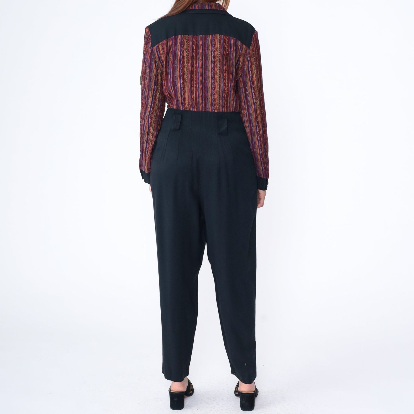 90s Molly Malloy Jumpsuit Burgundy Striped Black Tapered High Waist Medium