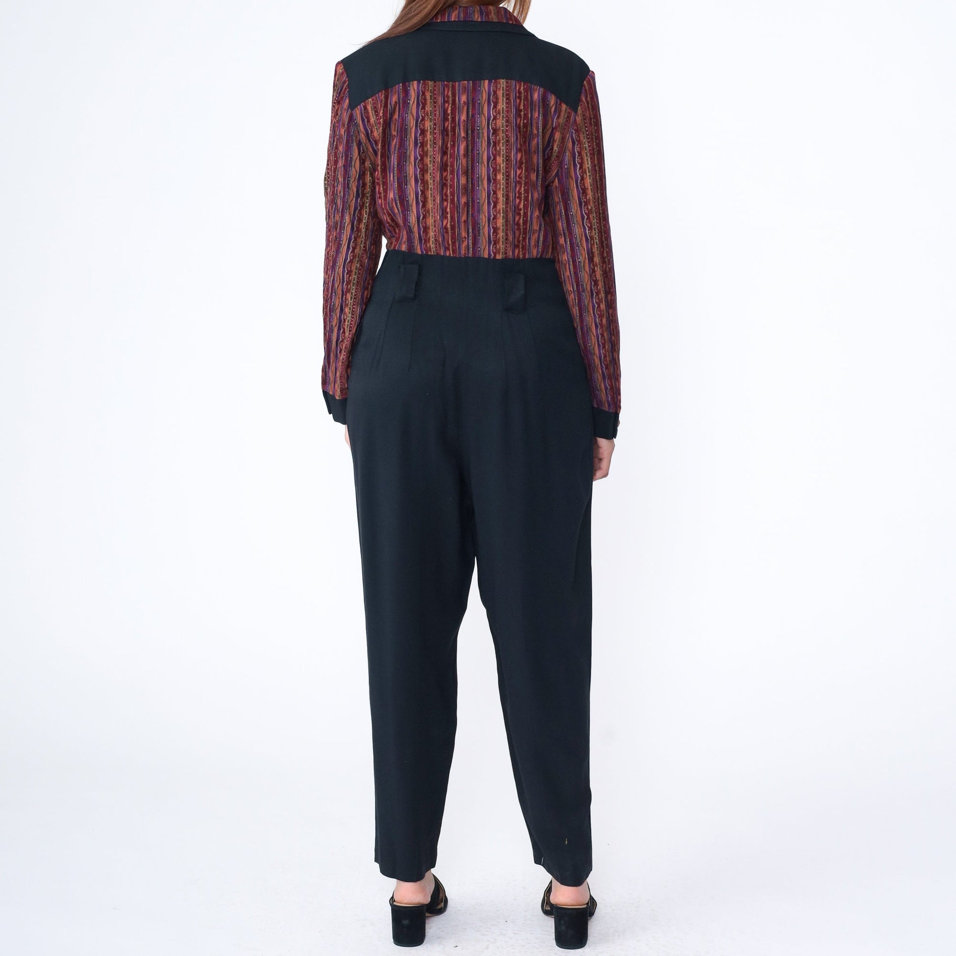 90s Molly Malloy Jumpsuit Burgundy Striped Black Tapered High Waist Medium