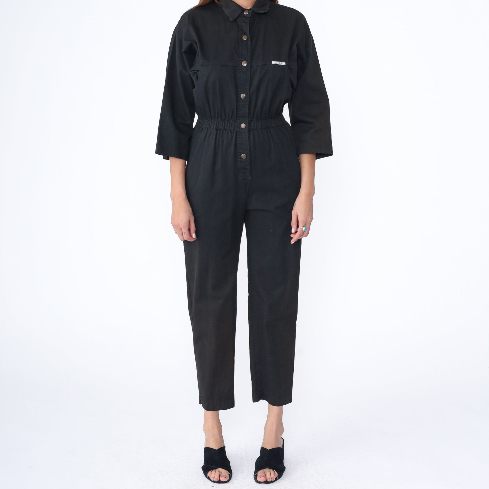 80s Ideas Black Cotton Jumpsuit Button-Up Tapered Leg Small