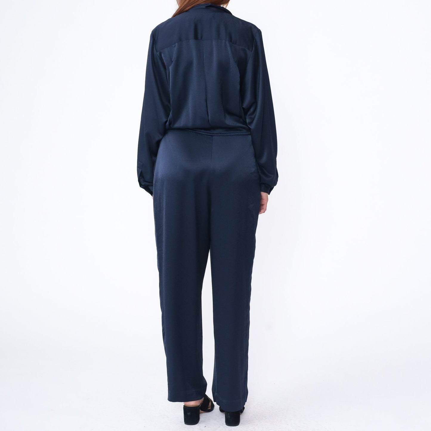 90s Liz Claiborne Navy Wrap Jumpsuit V Neck Tapered Wide Leg Medium