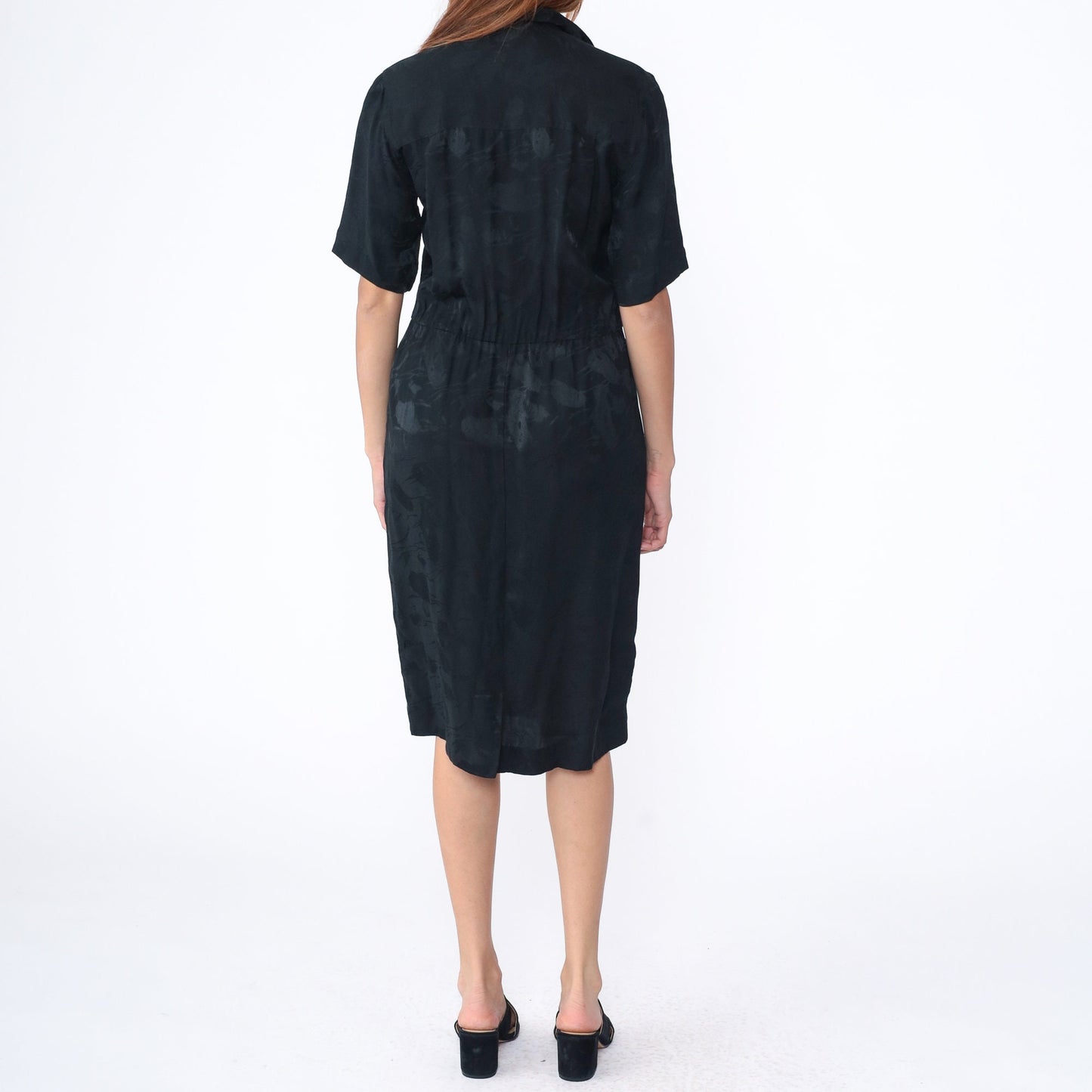 90s Black Silk Wrap Dress V-Neck High Waist Midi Short Sleeve Medium 8