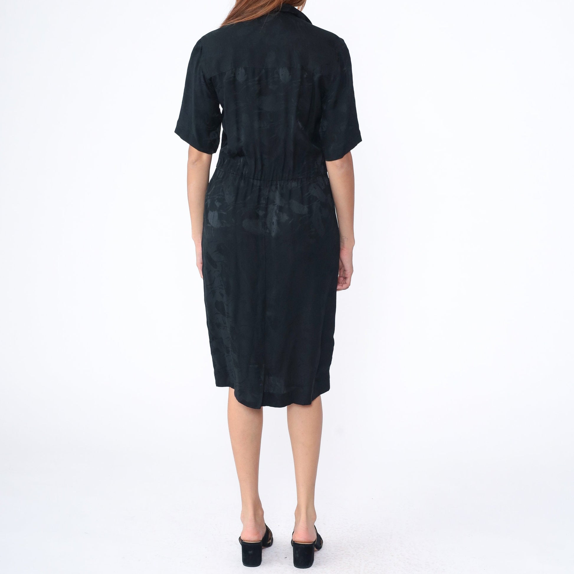 90s Black Silk Wrap Dress V-Neck High Waist Midi Short Sleeve Medium 8