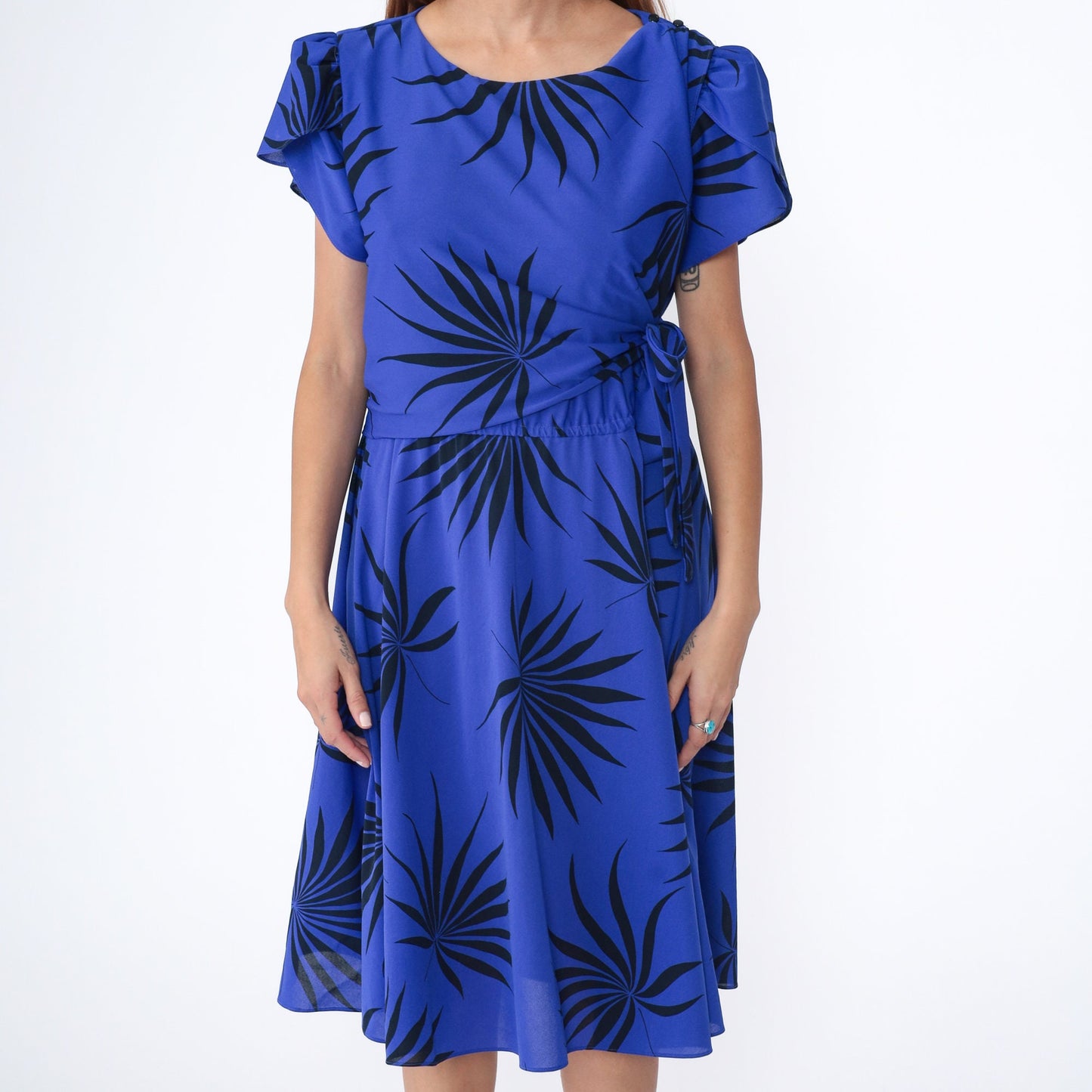 80s Franky B Tropical Leaf Print Wrap Midi Dress Puff Sleeve Purple-Blue Large