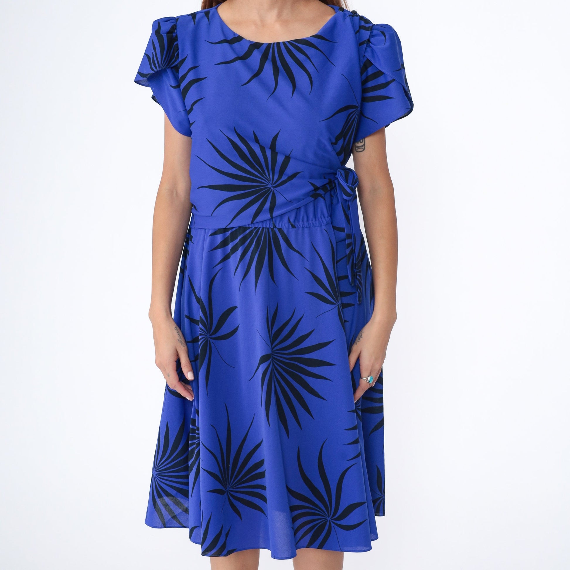 80s Franky B Tropical Leaf Print Wrap Midi Dress Puff Sleeve Purple-Blue Large