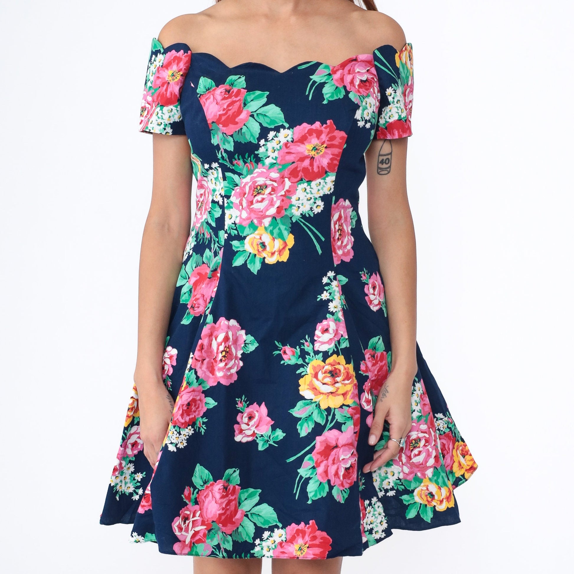 80s Floral Off-Shoulder Mini Dress Navy Blue Scalloped Neckline Small S