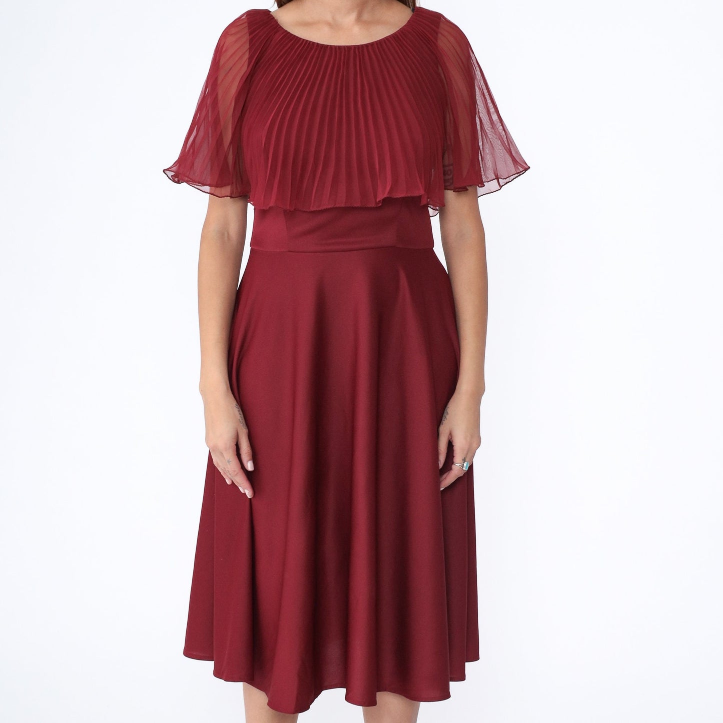 70s Burgundy Chiffon Midi Dress Pleated Capelet High Waist Medium