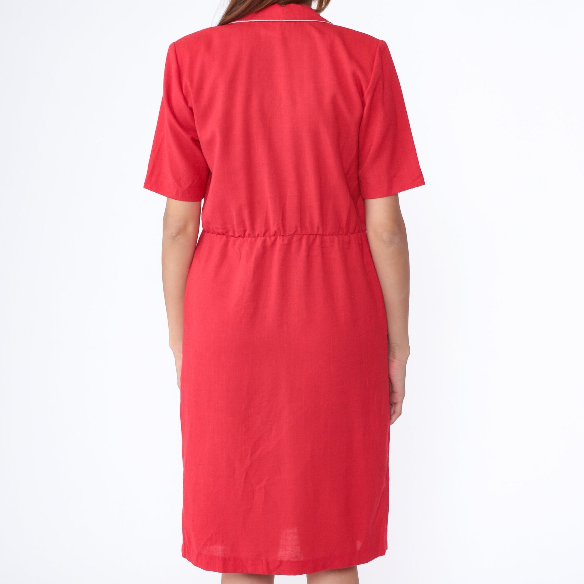 80s Red Wrap Midi Dress White Trim Collared Shirtwaist Medium