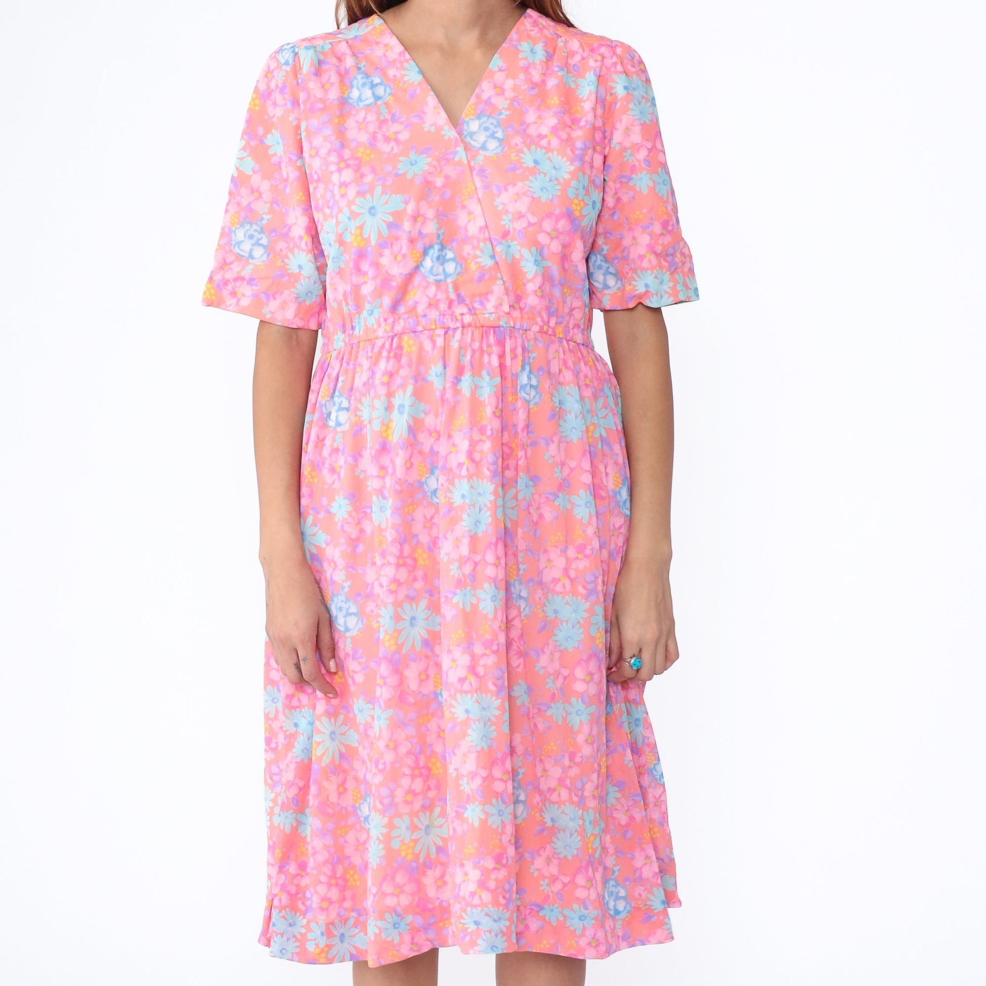 70s Floral Midi Dress Peach Pink High Waist Wrap V Neck Short Sleeve Large L