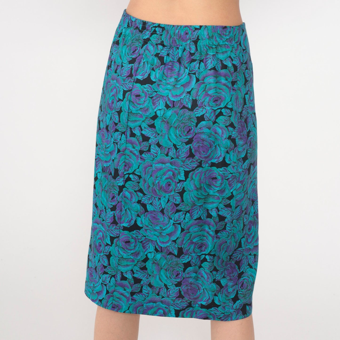 80s Floral Wrap Midi Skirt High Waist Purple Turquoise Rayon Small