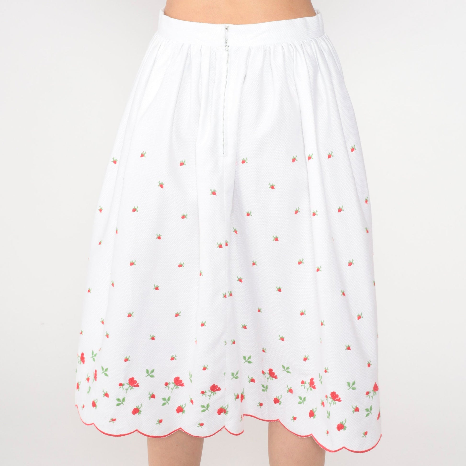 60s White Floral Embroidered Cotton Midi Skirt High Waisted Scalloped Small