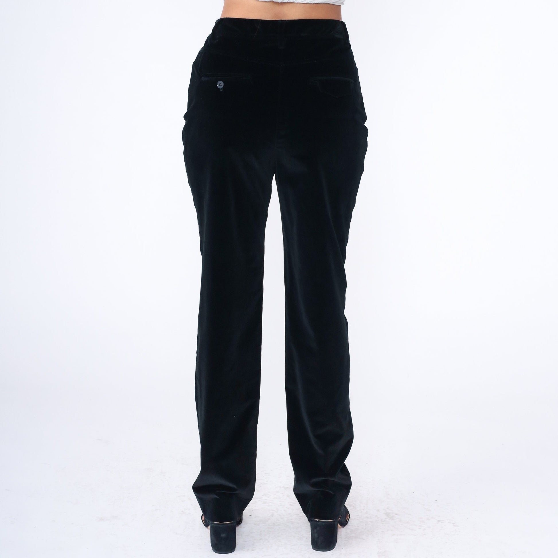 90s Per Se Black Velvet High-Waist Straight-Leg Trousers Medium 8
