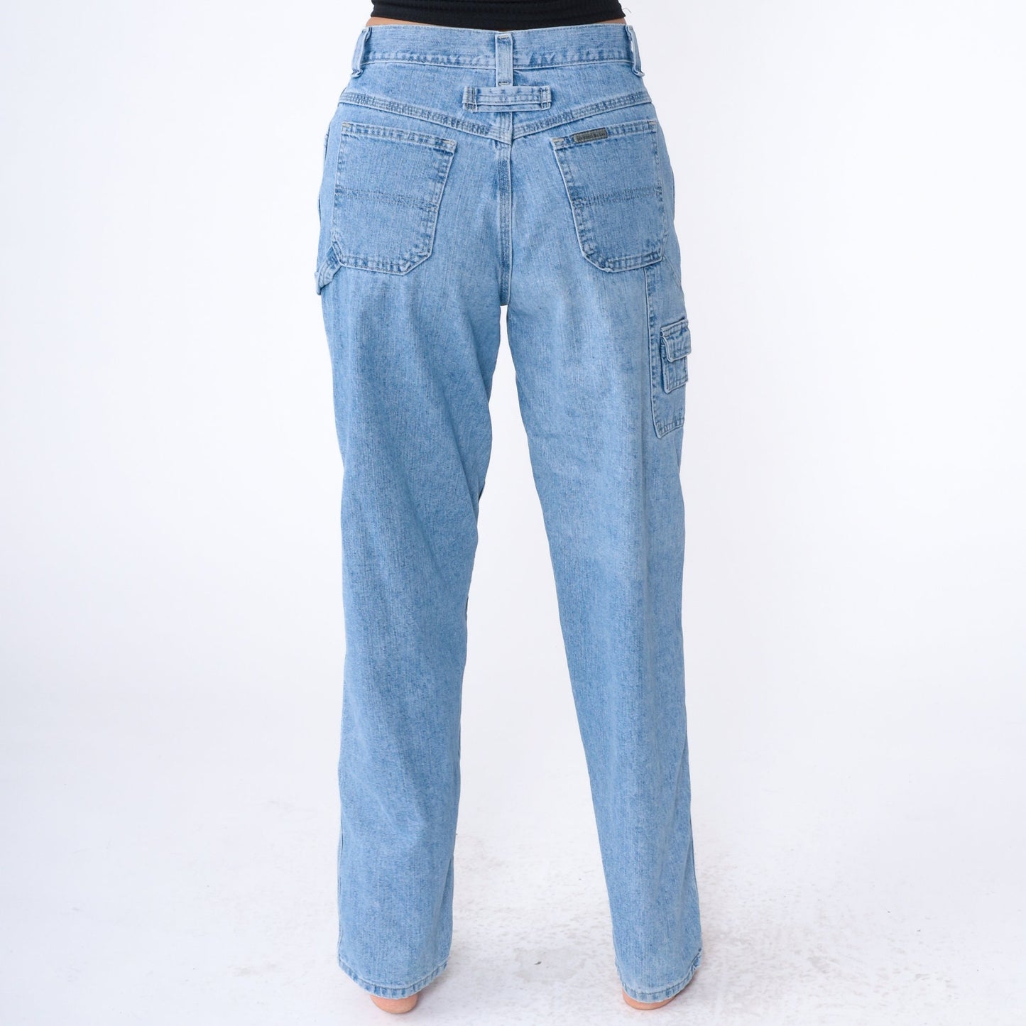Y2K High Rise Cargo Jeans Light Wash Denim Hammer Loop Relaxed Straight Tapered Medium