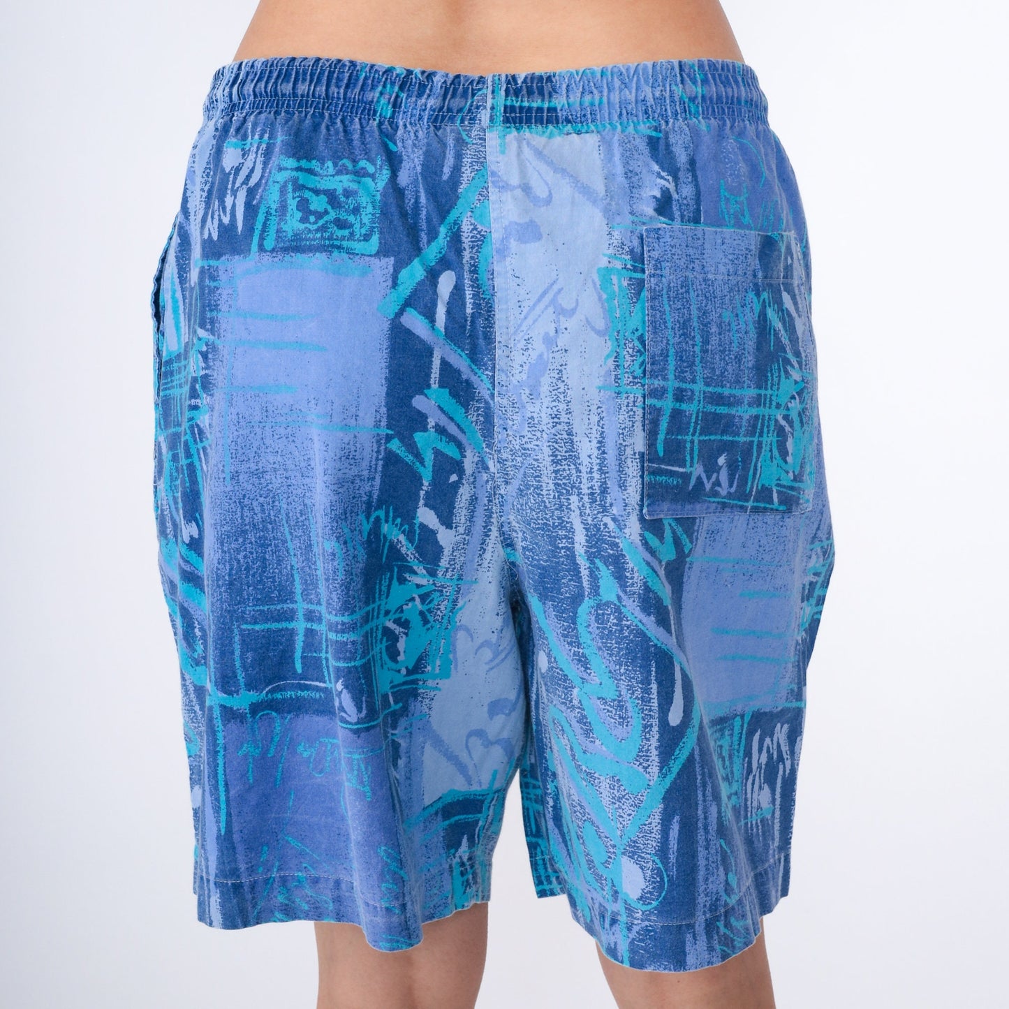 90s Maui Trading Co. Shorts Blue Abstract Print Cotton Elastic Waist Extra Large XL
