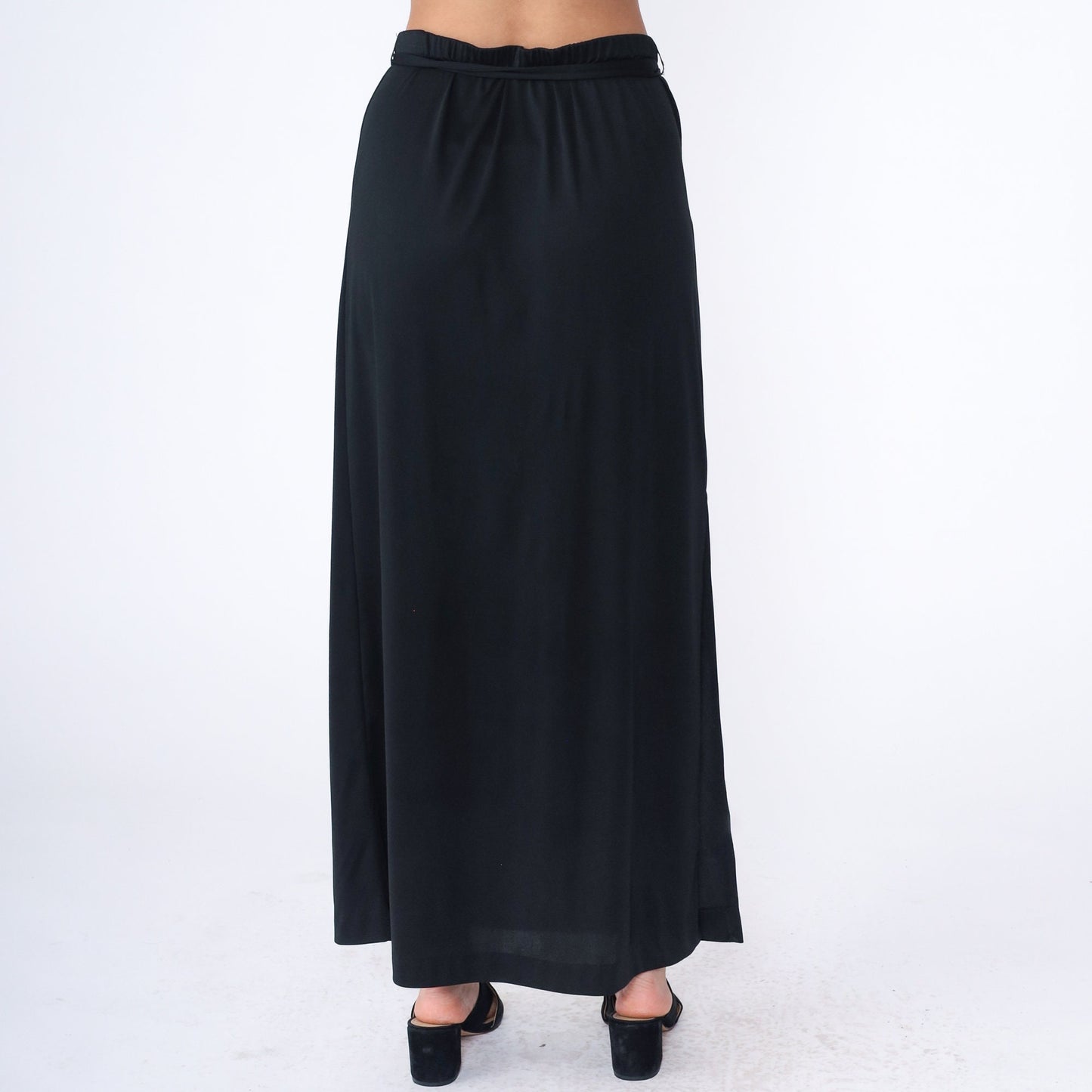 70s Black Maxi Skirt High Waist Straight Cut Elastic Waistband Large L