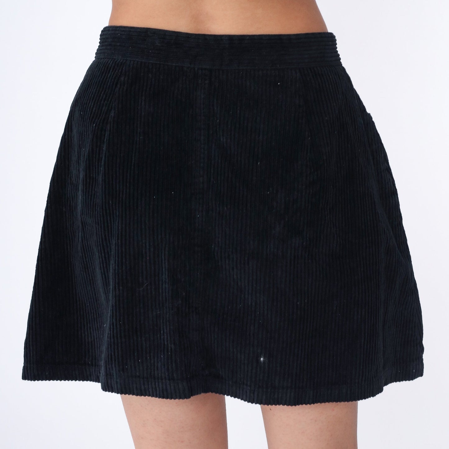 Y2K Black Corduroy Mini Skirt High Waisted Exposed Zipper A-Line Large