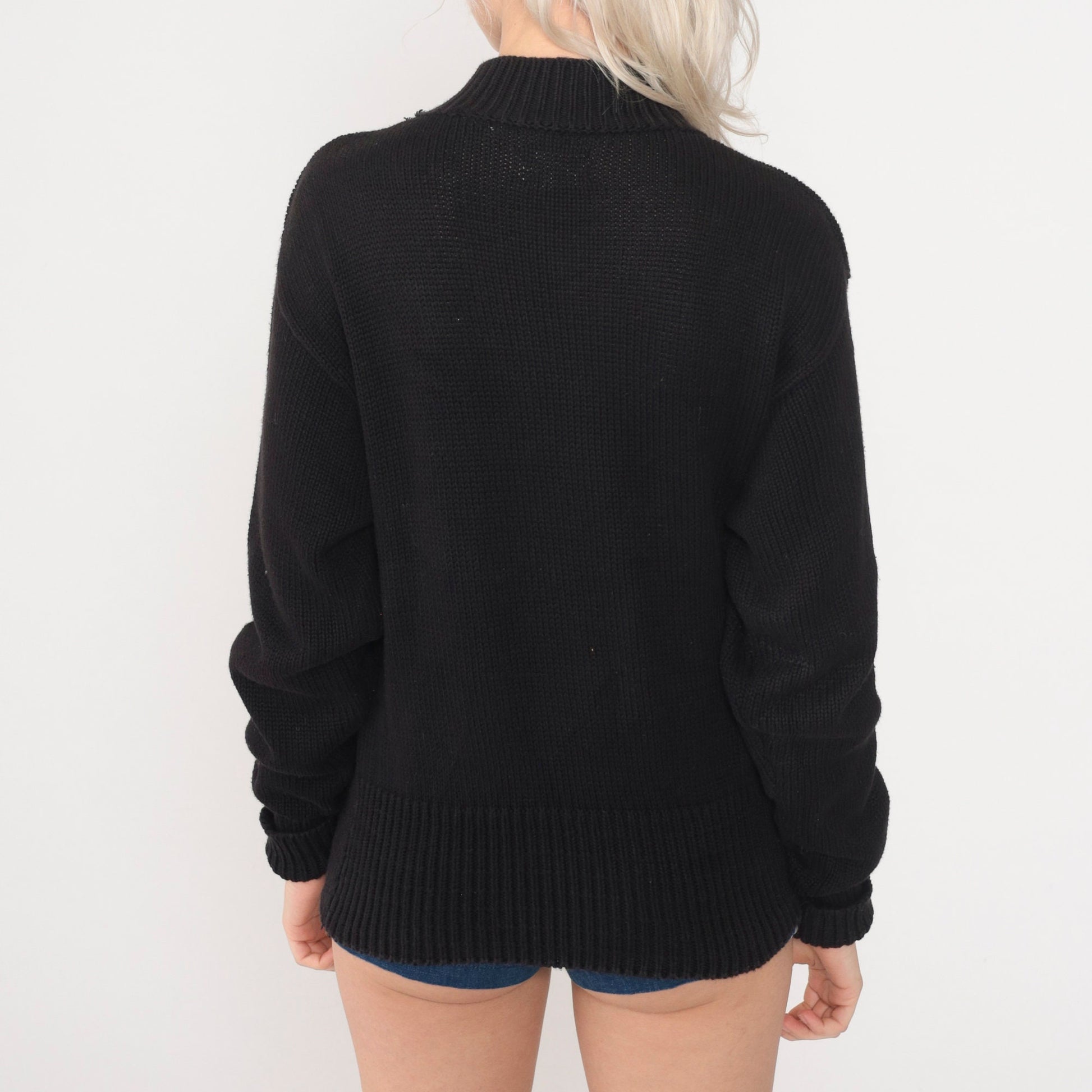 90s Esprit Floral Embroidered Black Cotton Sweater Small
