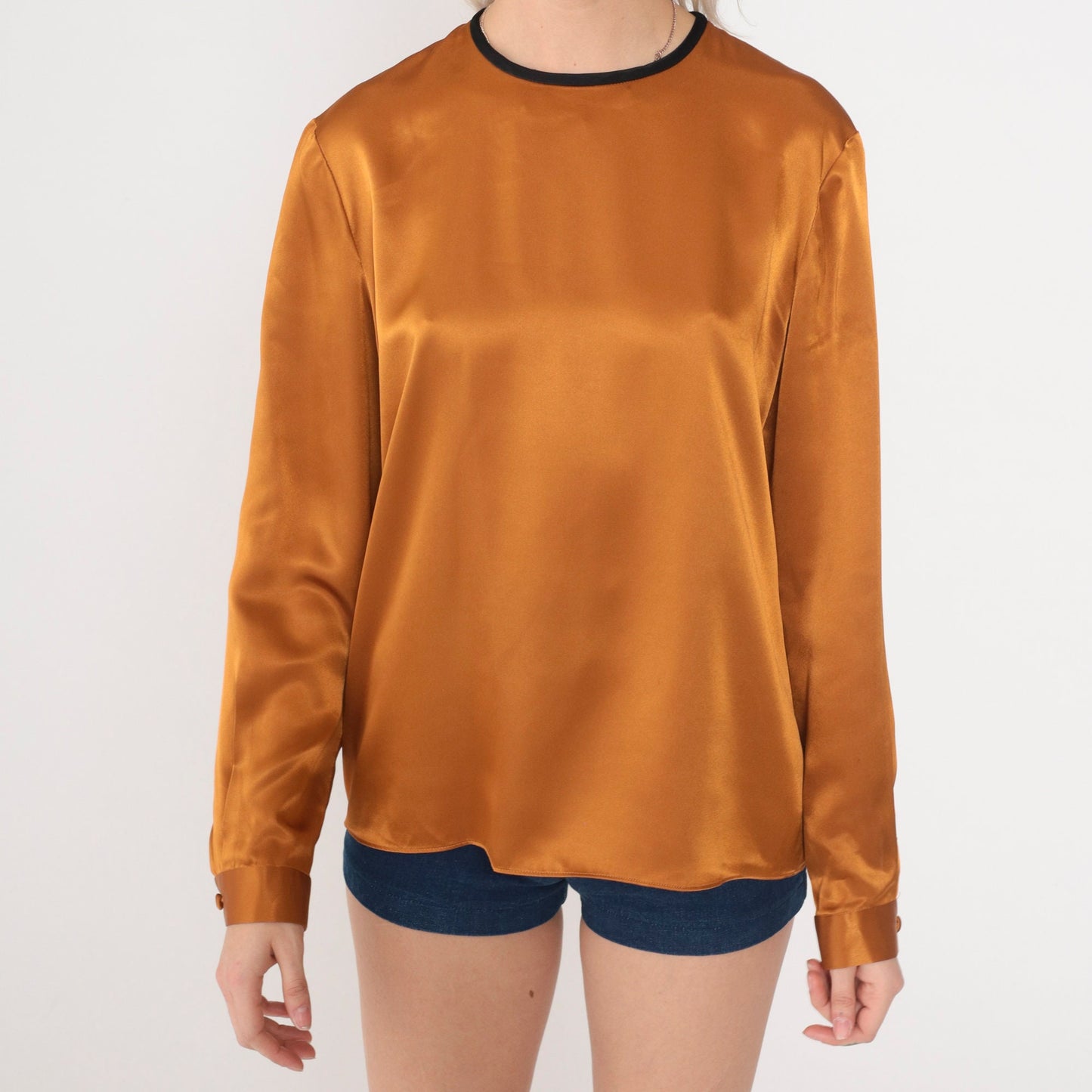 80s Kasper Burnt Orange Satin Button-Up Blouse Black Ringer Trim Medium