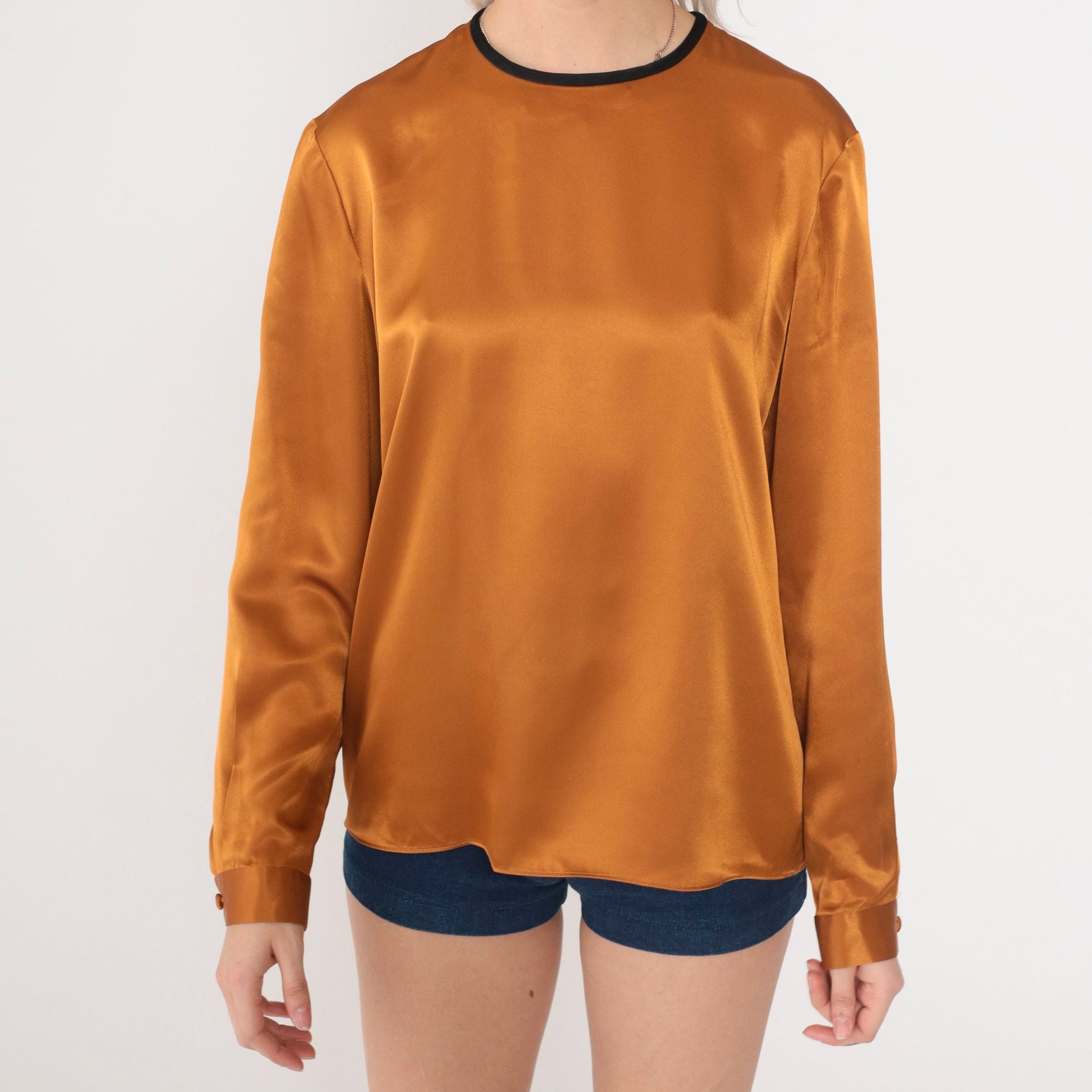 80s Kasper Burnt Orange Satin Button-Up Blouse Black Ringer Trim Medium