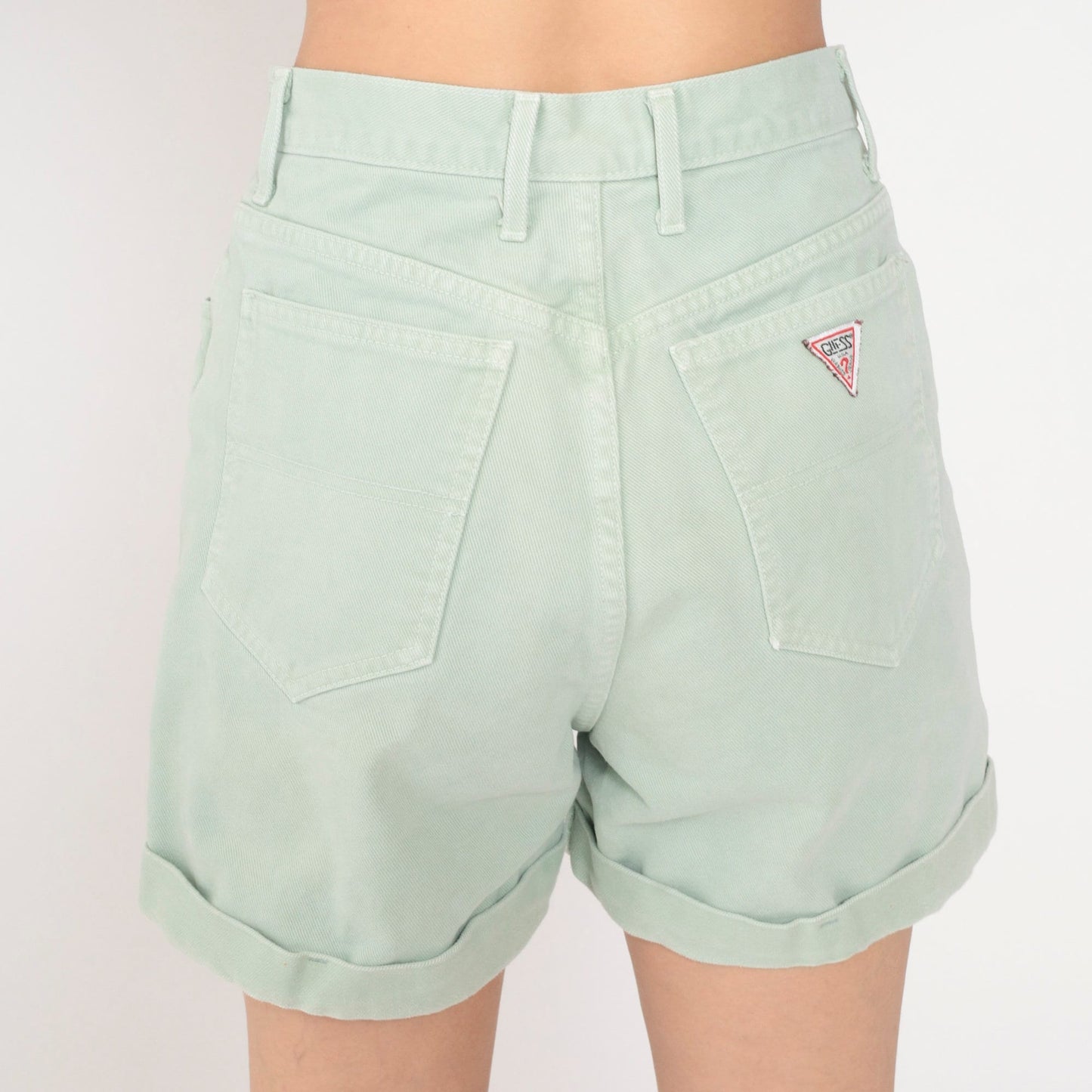 90s Guess Light Green Denim Shorts High Waist Cuffed Small