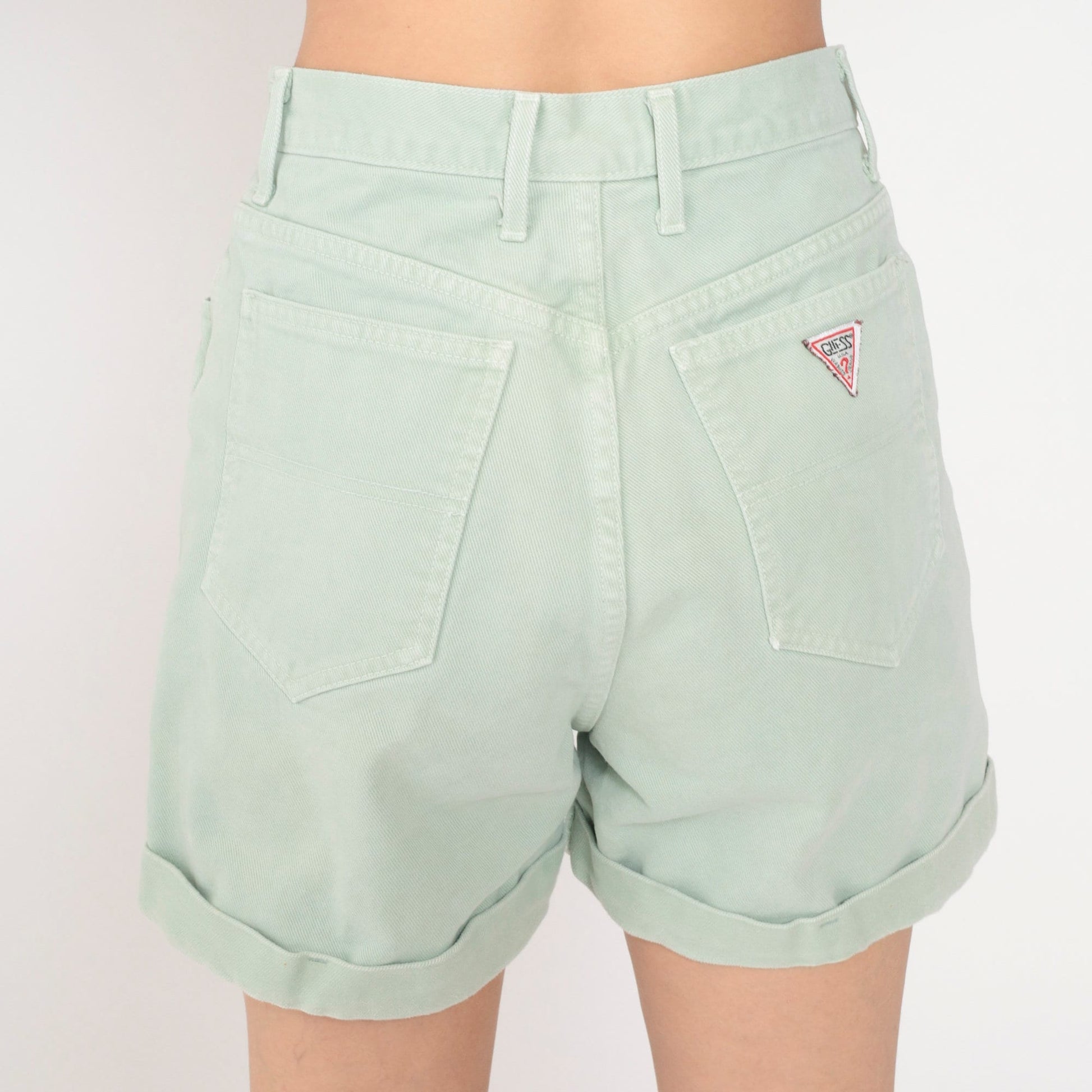 90s Guess Light Green Denim Shorts High Waist Cuffed Small