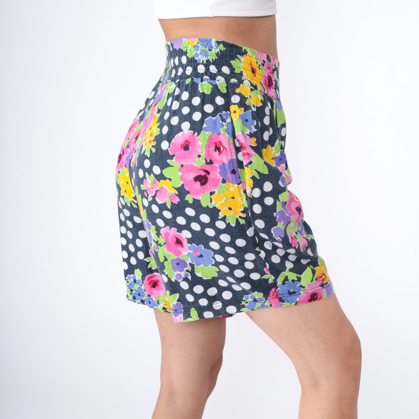 90s Polka Dot Floral Rayon Shorts High Waist Pleated White Small