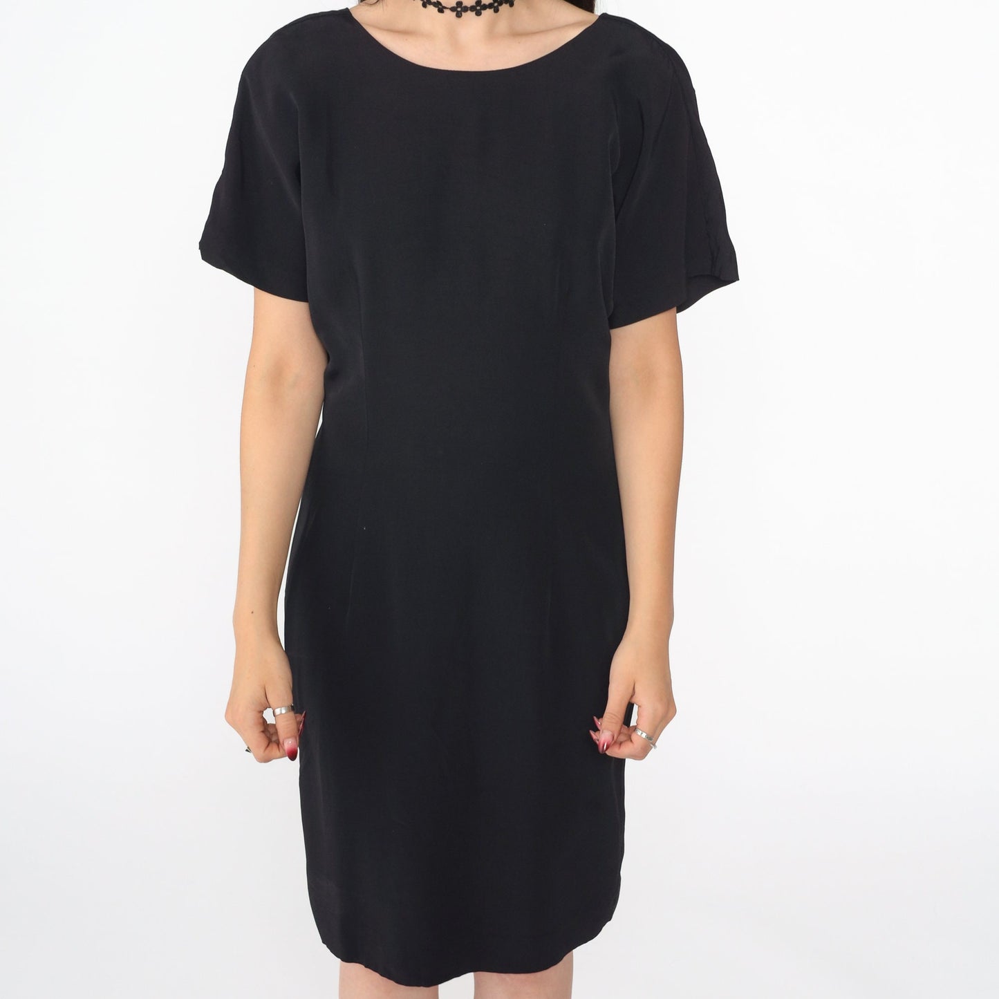 90s Black Midi Dress Deep V Back Sheath Short Sleeve Small