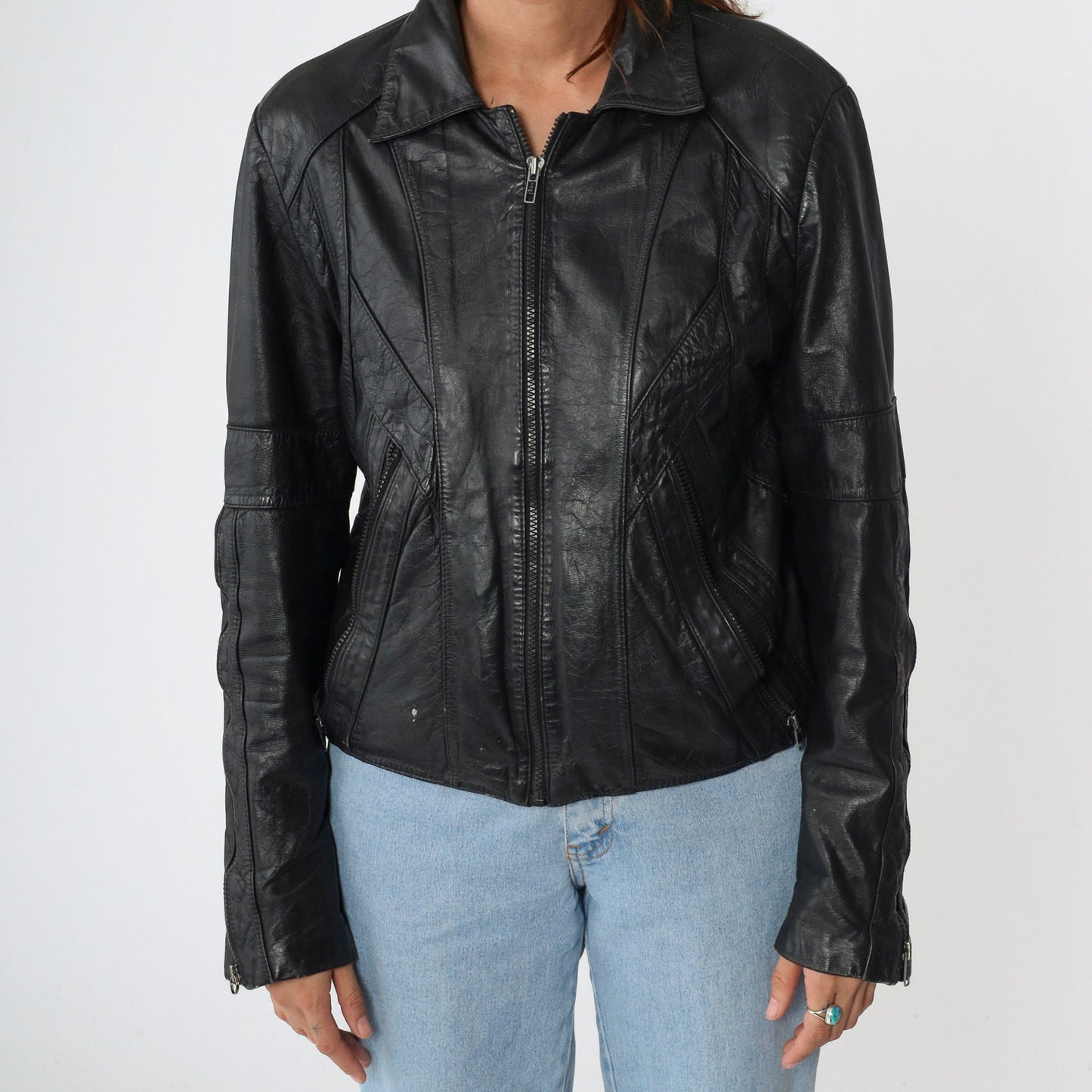 80s Wilsons Leather Black Moto Jacket Zip Motorcycle Biker Small