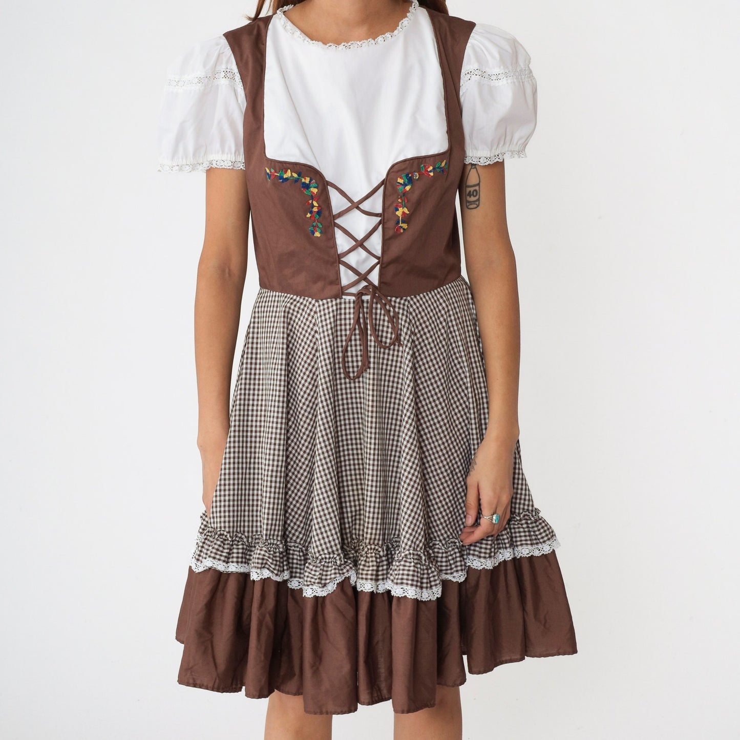 1960s Brown Gingham Midi Dress Puff Sleeve Lace-Up Corset Waist Large