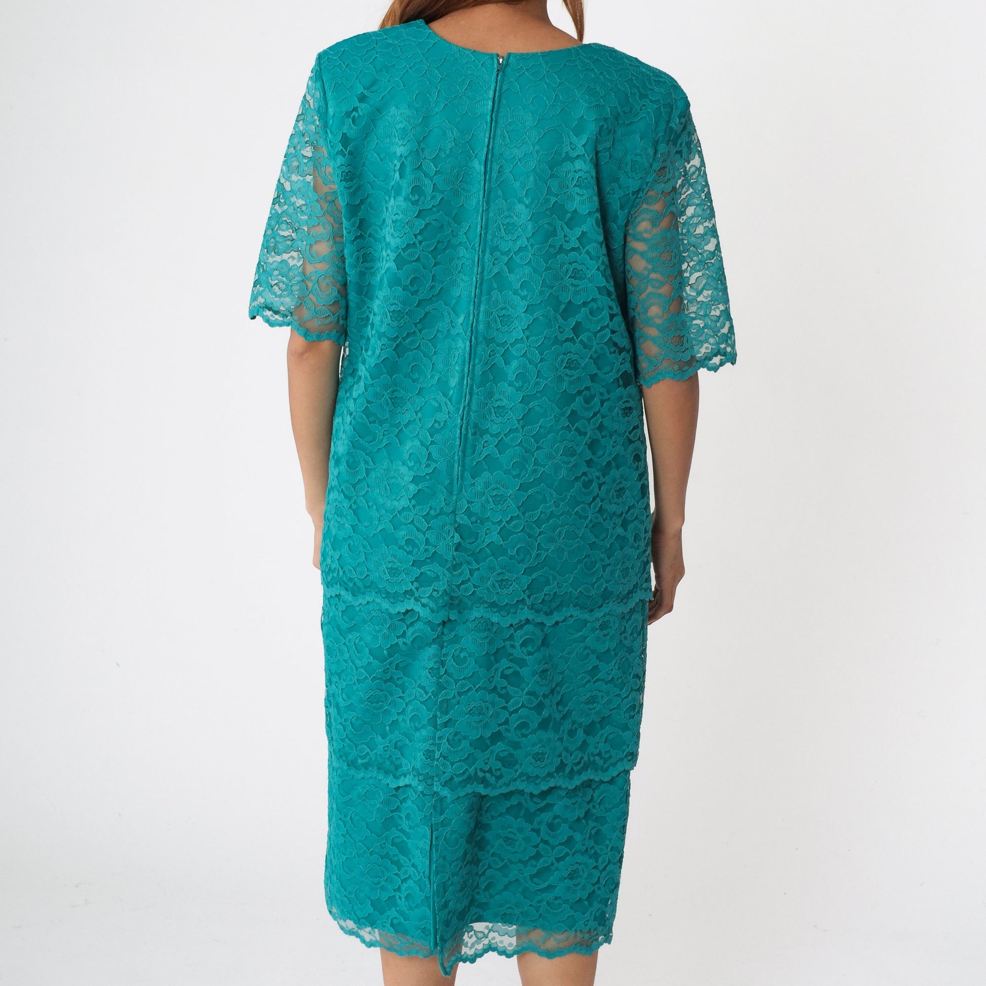 90s Teal Lace Midi Dress Short Sleeve Shift Sheath Green Vintage Medium