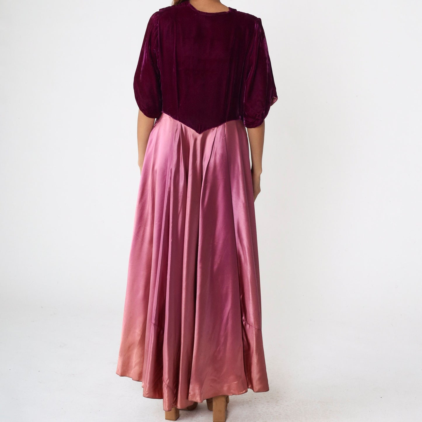 70s Purple Velvet Satin Maxi Dress Basque Waist Short Sleeve Large