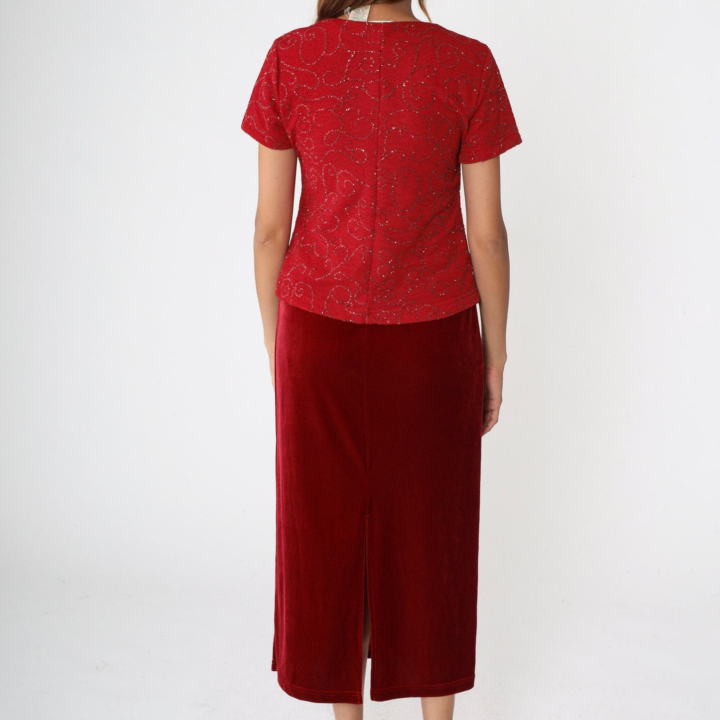 90s Kathie Lee Red Velvet Midi Dress Glitter Bodice Drop Waist Small