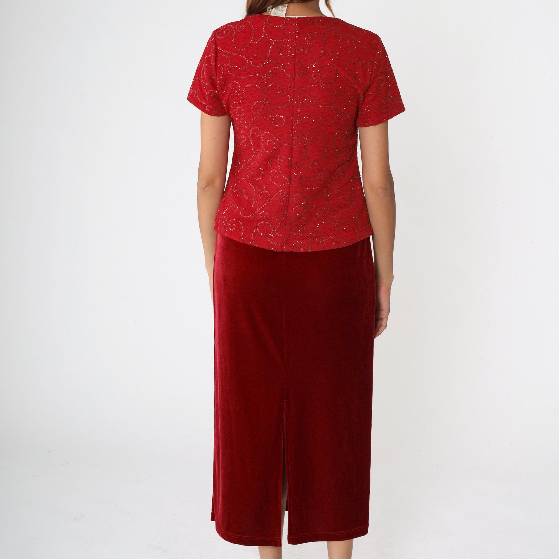 90s Kathie Lee Red Velvet Midi Dress Glitter Bodice Drop Waist Small