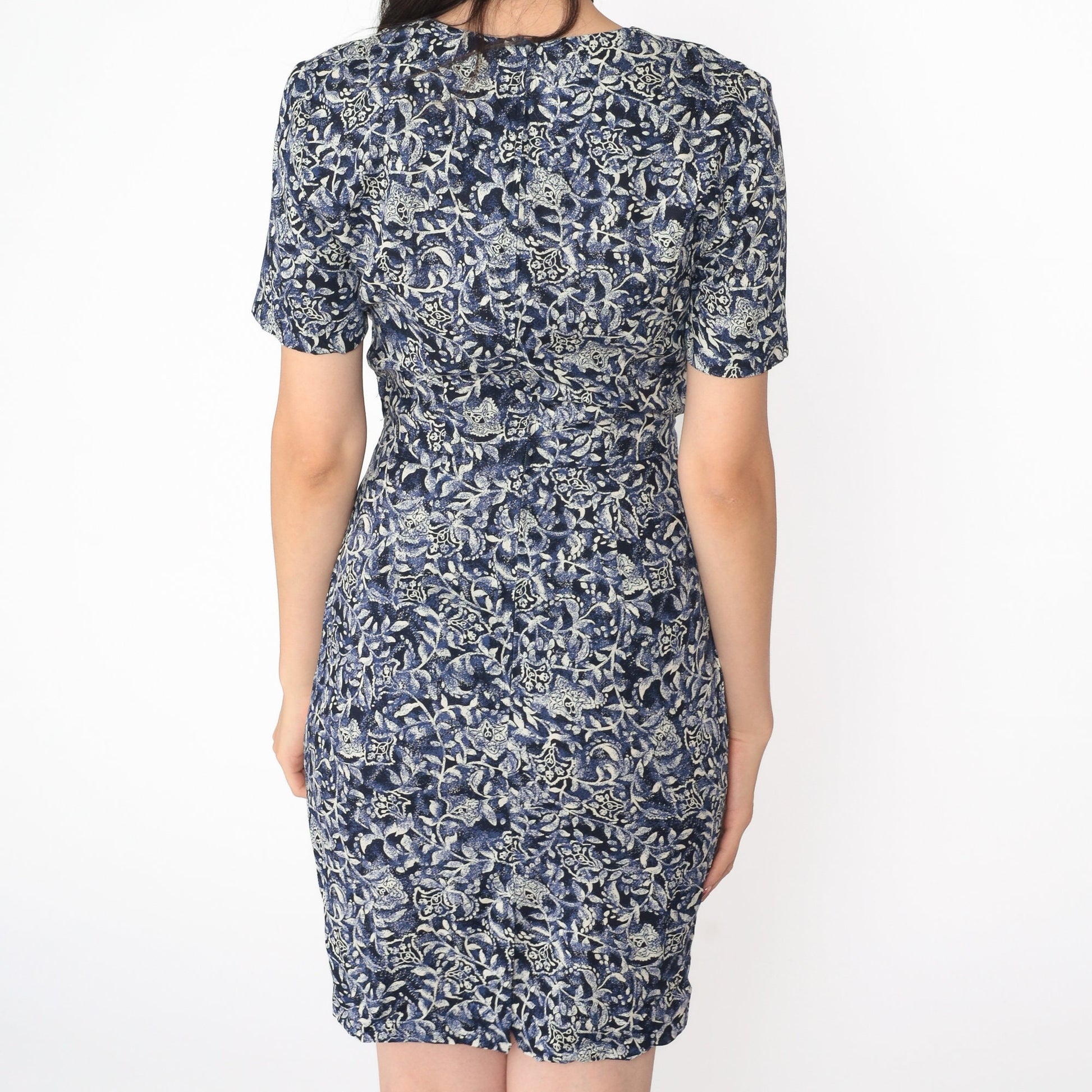 90s Floral Rayon Mini Dress Blue Wrap Tie Skirt Short Sleeve Small 4