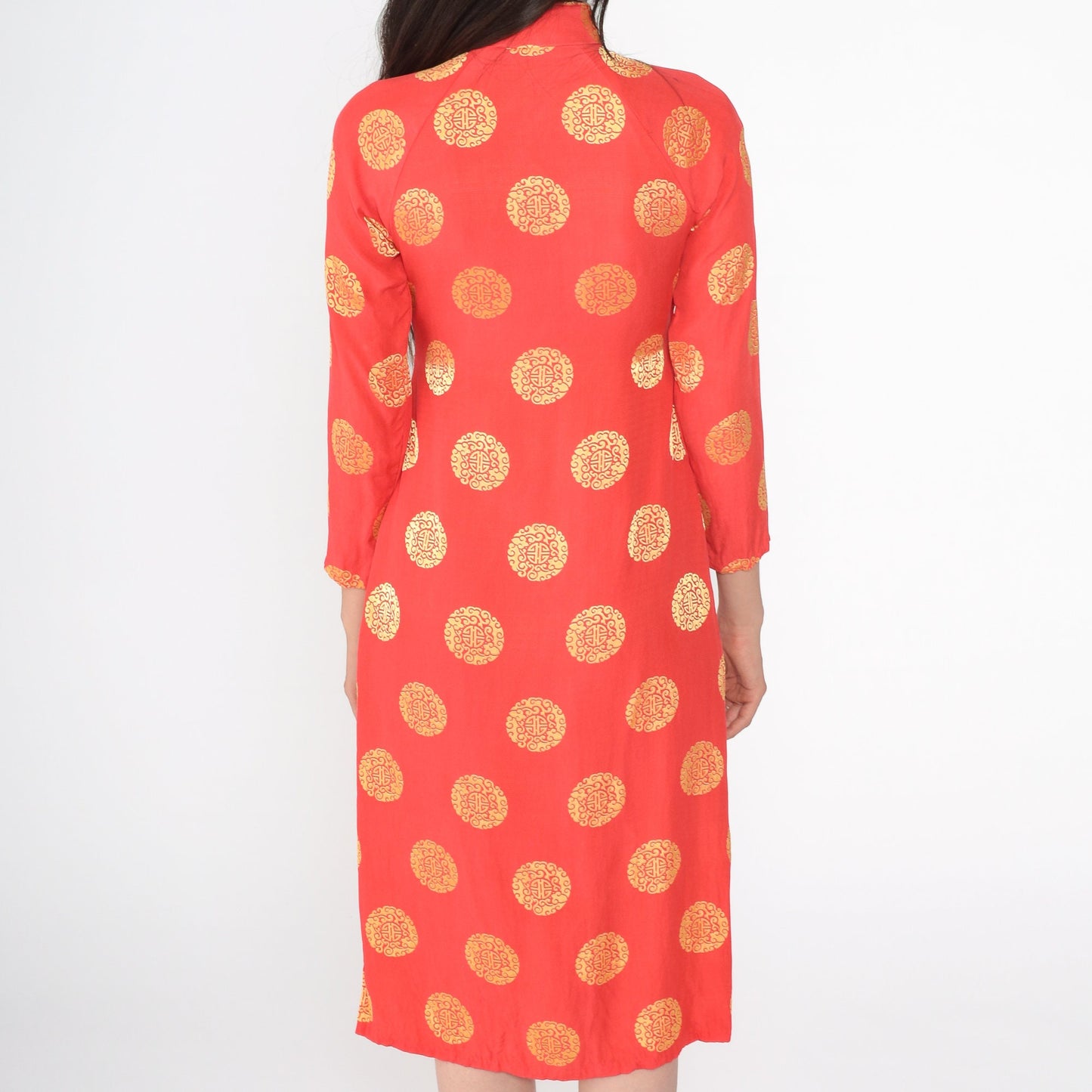 Y2K Ao Dai Dress Red Gold Medallion Print Mandarin Collar Midi Extra Small