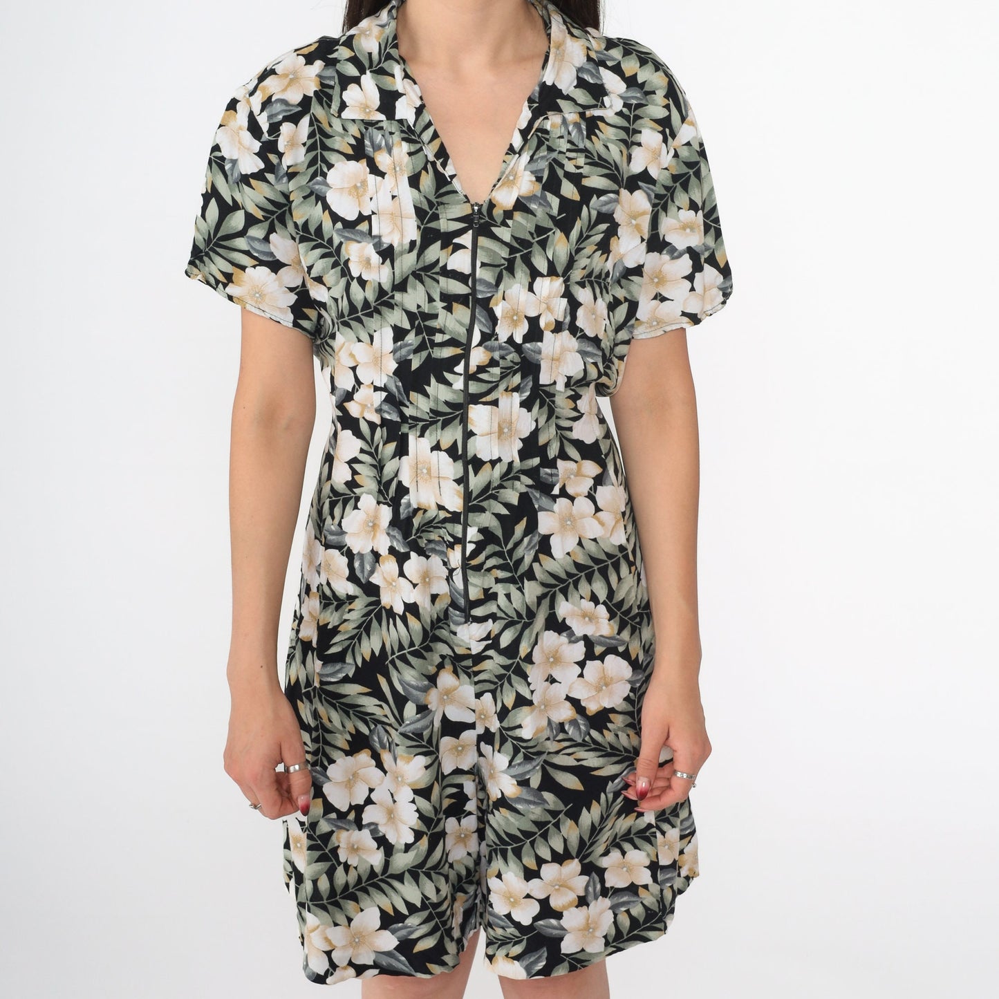 90s Tropical Floral Romper Black Green Wide Leg Playsuit Zip Front Medium