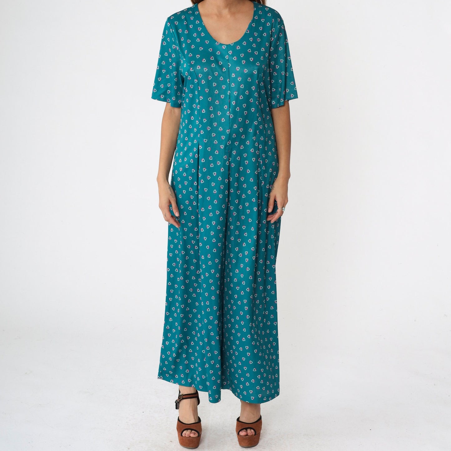 90s Lane Bryant Teal Geometric Wide Leg Jumpsuit Scoop Neck Large XL