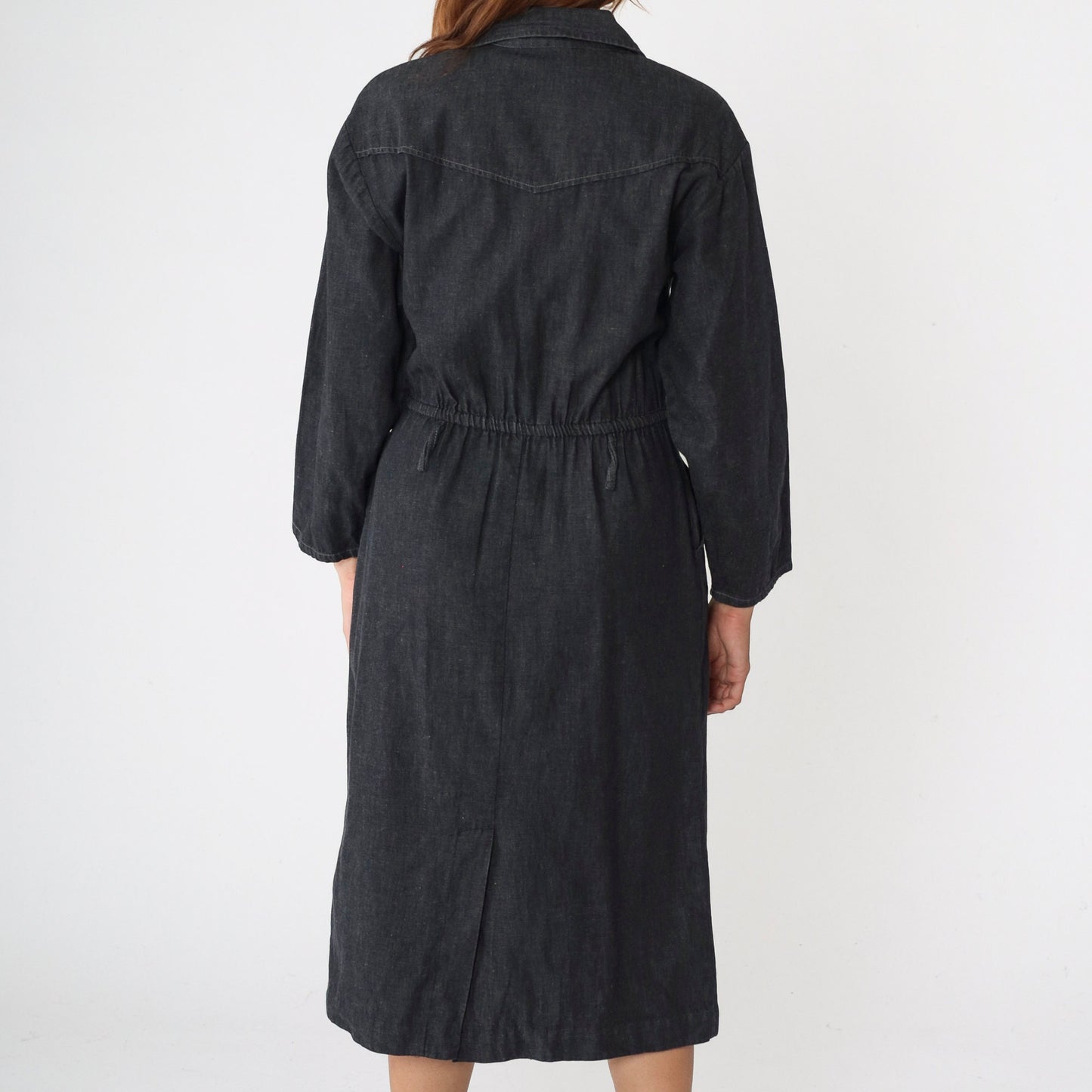 90s Panhandle Slim Black Denim Shirtdress High Waist Midi Button Up Medium