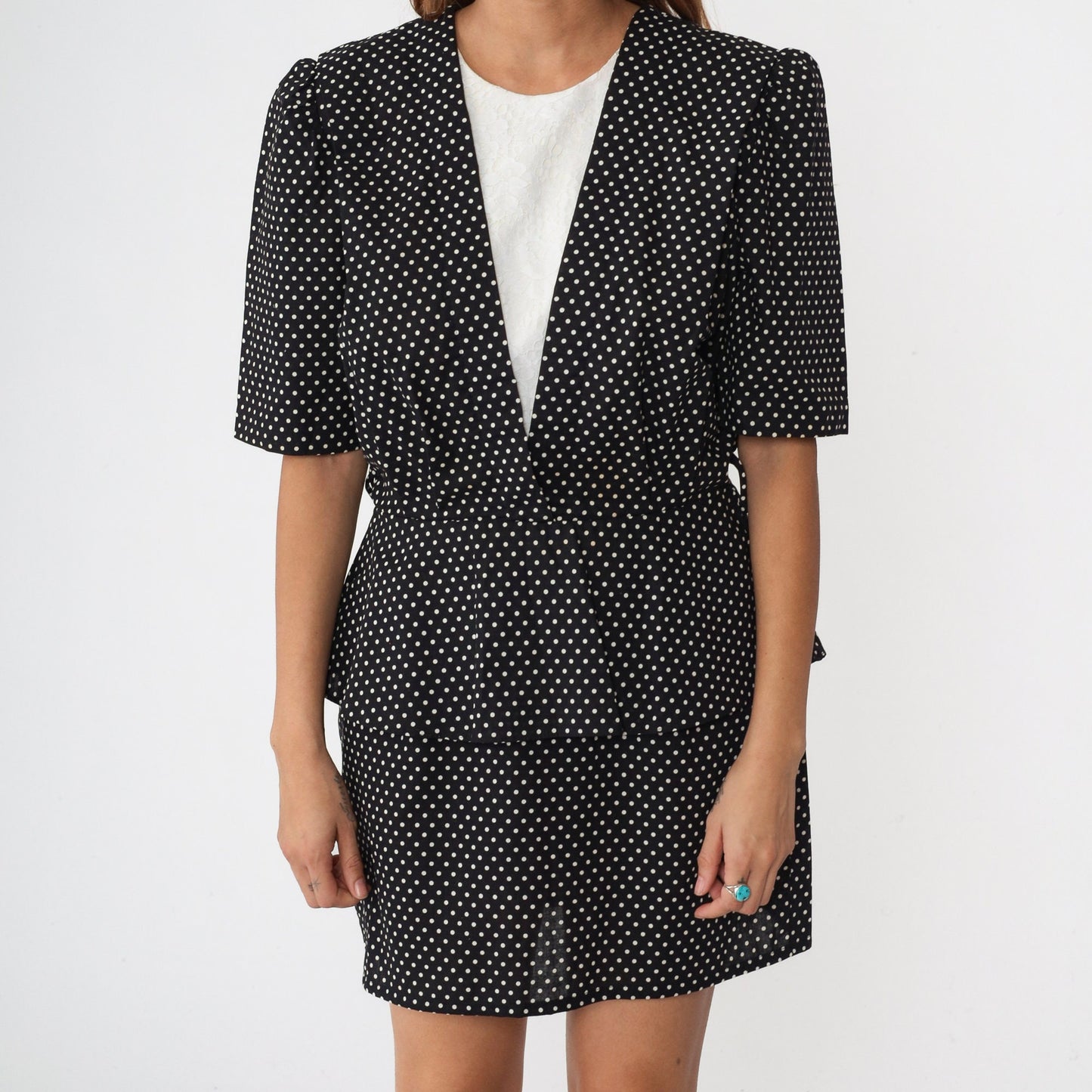 80s Black Polka Dot Peplum Mini Dress Puff Sleeve Lace Trim Medium
