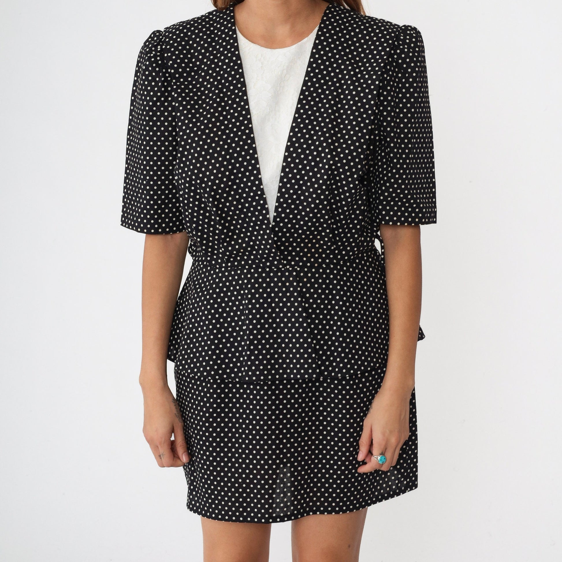 80s Black Polka Dot Peplum Mini Dress Puff Sleeve Lace Trim Medium