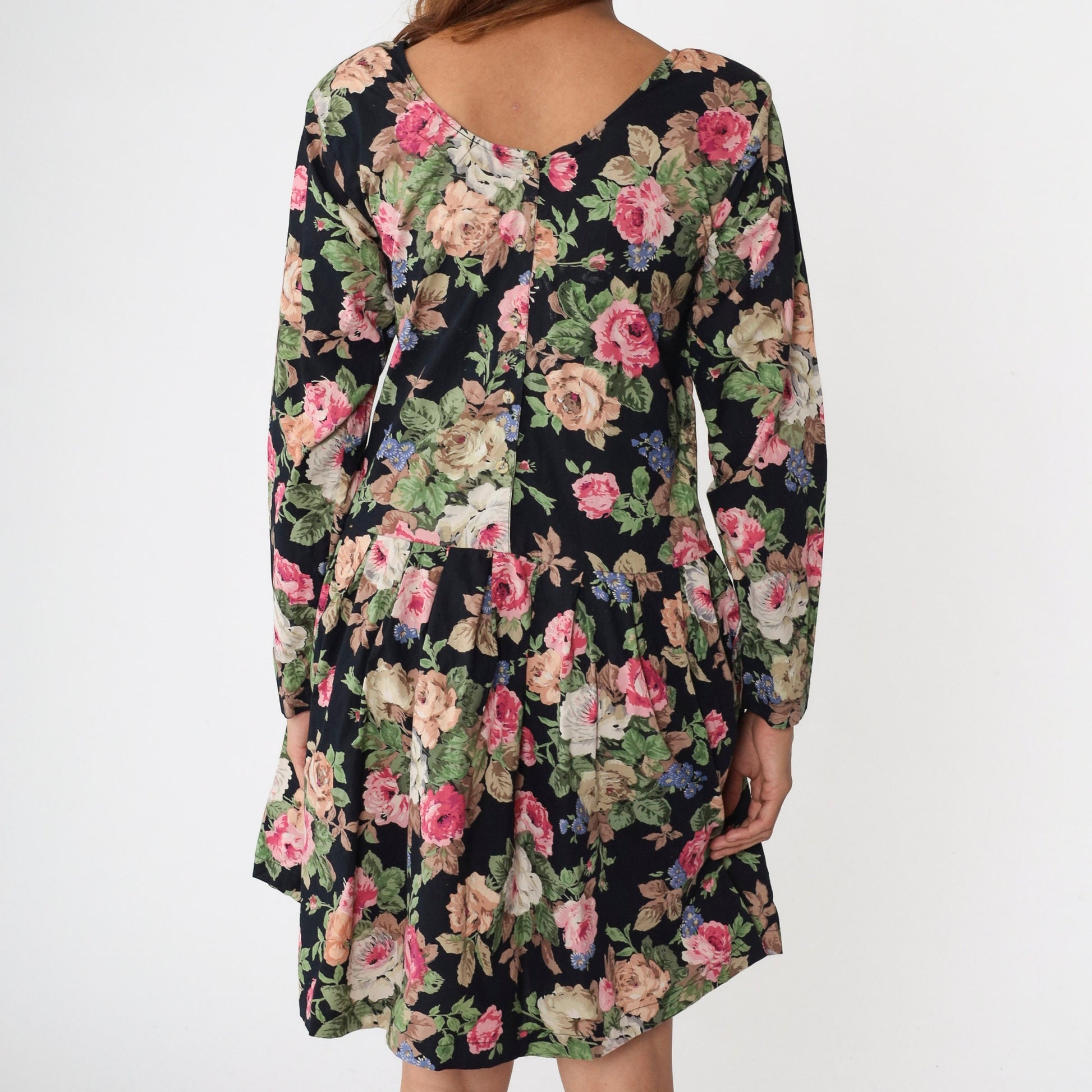 90s Atlas Studio Floral Mini Dress Black Drop Waist Long Sleeve Small S