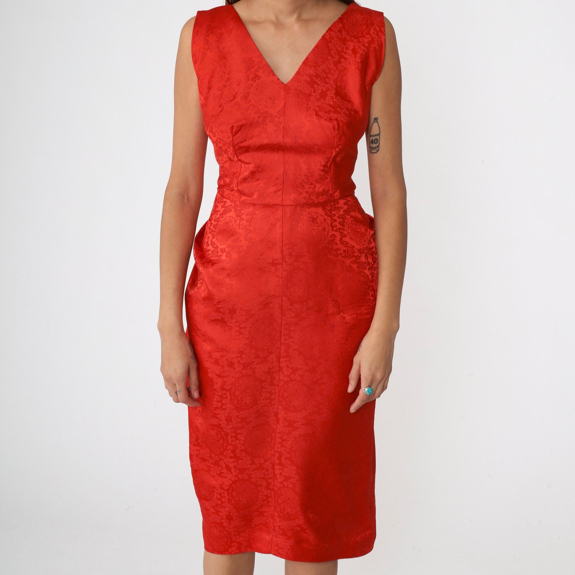1960s Red Brocade Dragon Midi Dress Hourglass V-Neck Sleeveless Small S