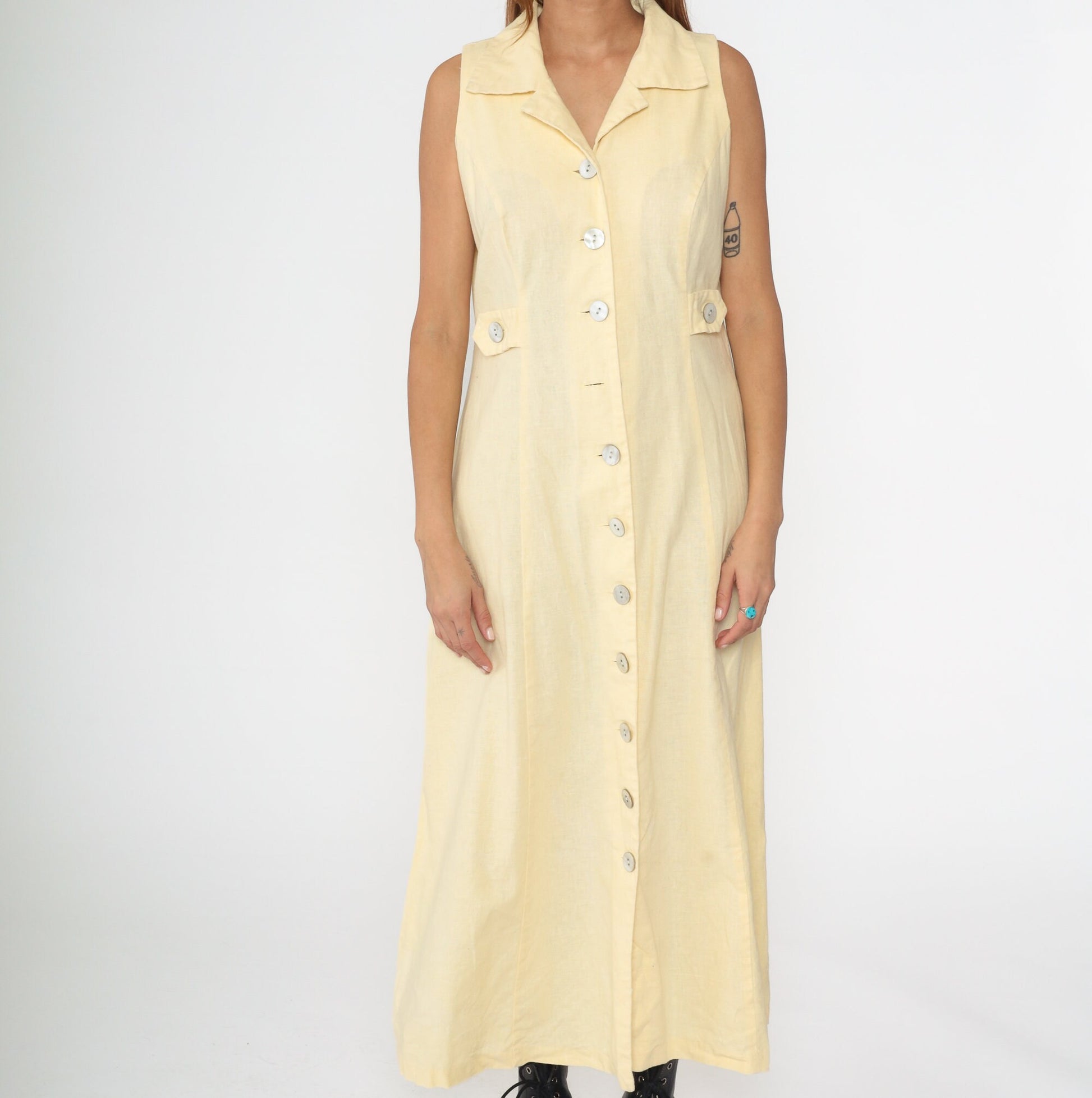 90s Pale Yellow Linen Midi Dress Keyhole Back Button-Up Sleeveless Large