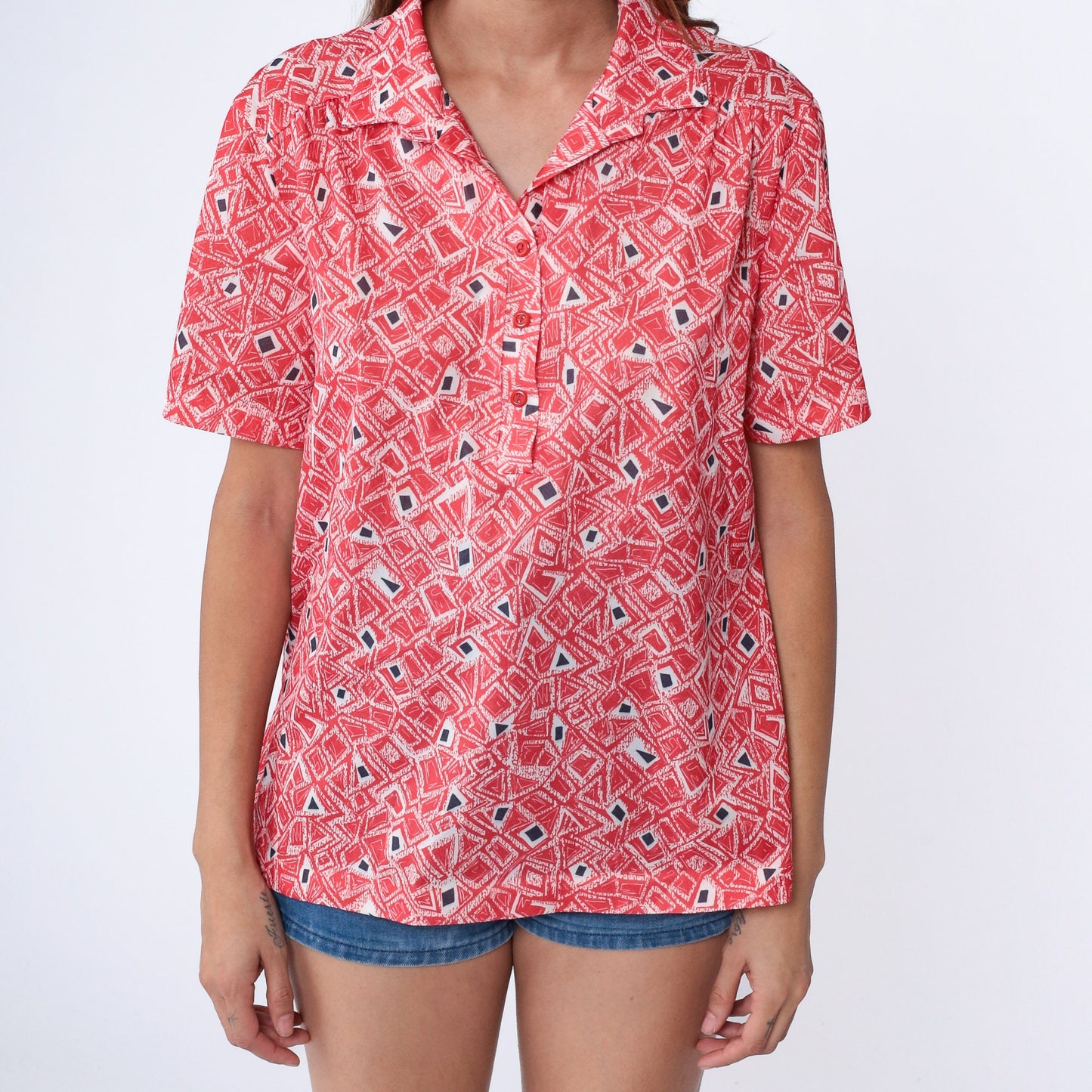 70s Geometric Print Collared Blouse Red White Psychedelic Shirt Extra Large